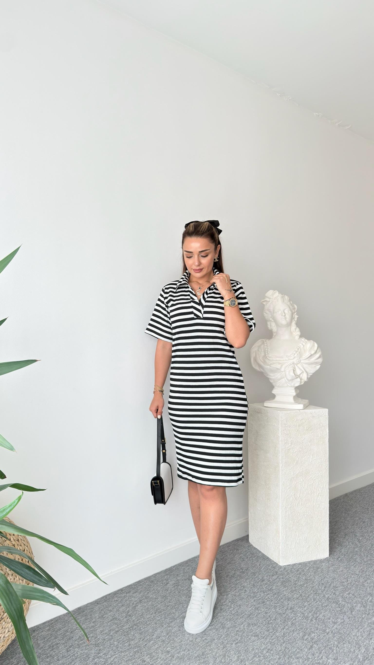 Polo Yaka Çizgili Basic Elbise