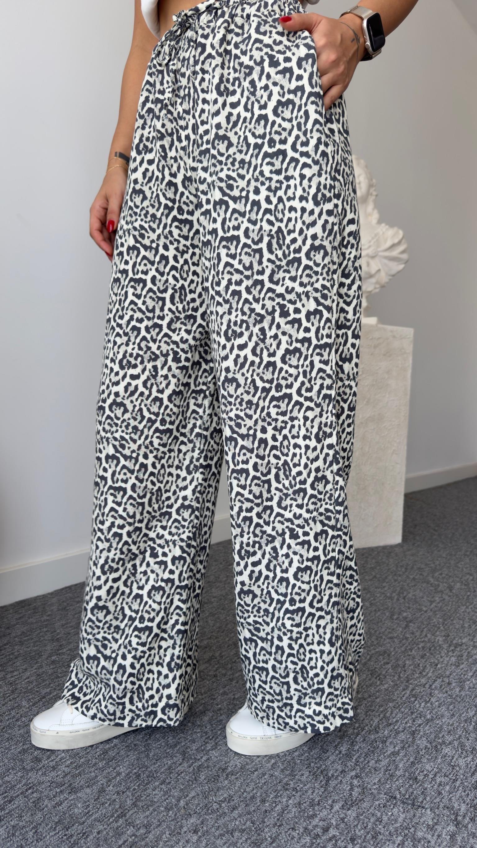 Bel Lastikli Keten Leopar Desen Pantolon