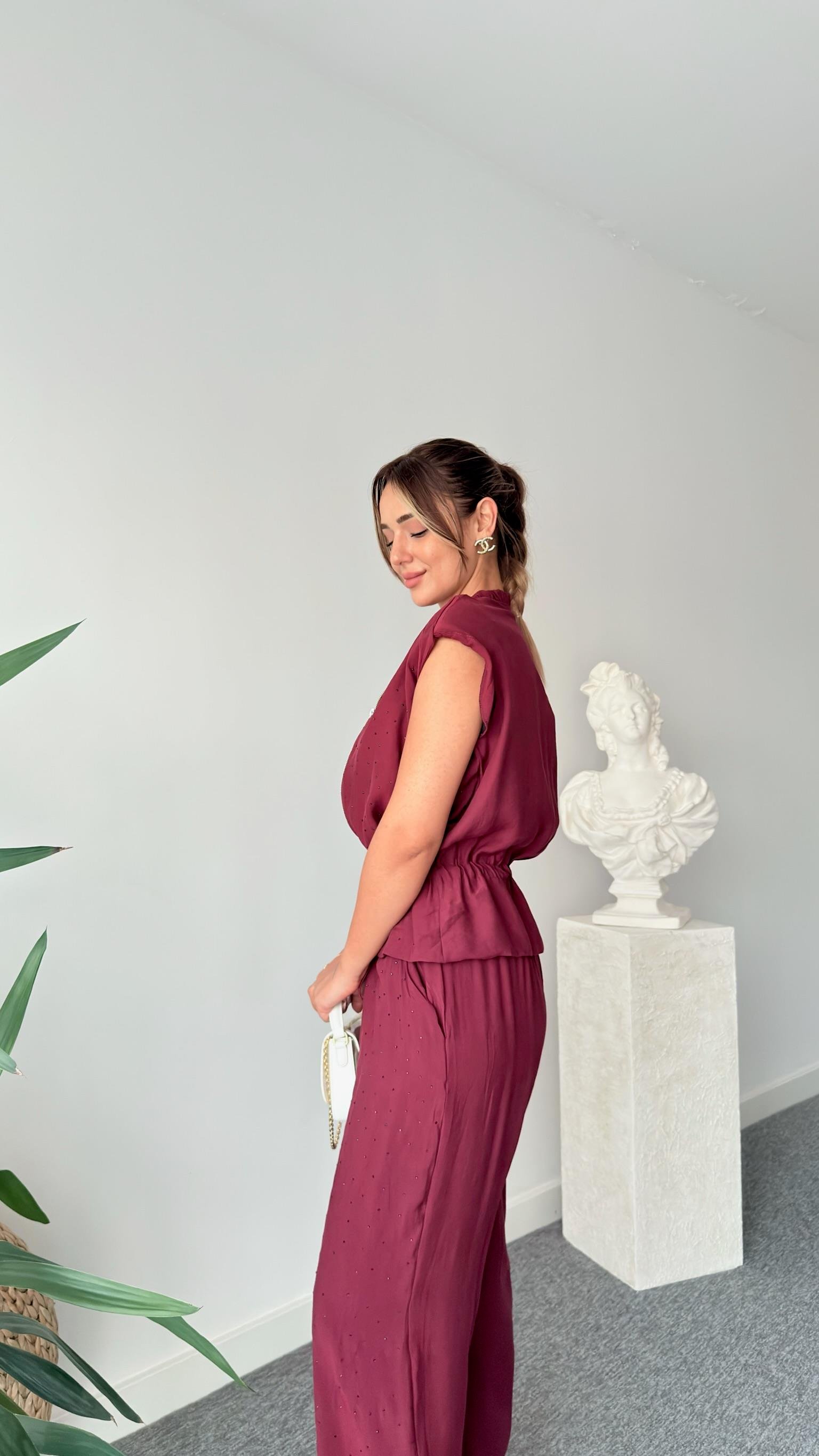 Bordo Rafto Taş Detaylı Yelek Pantolon Takım
