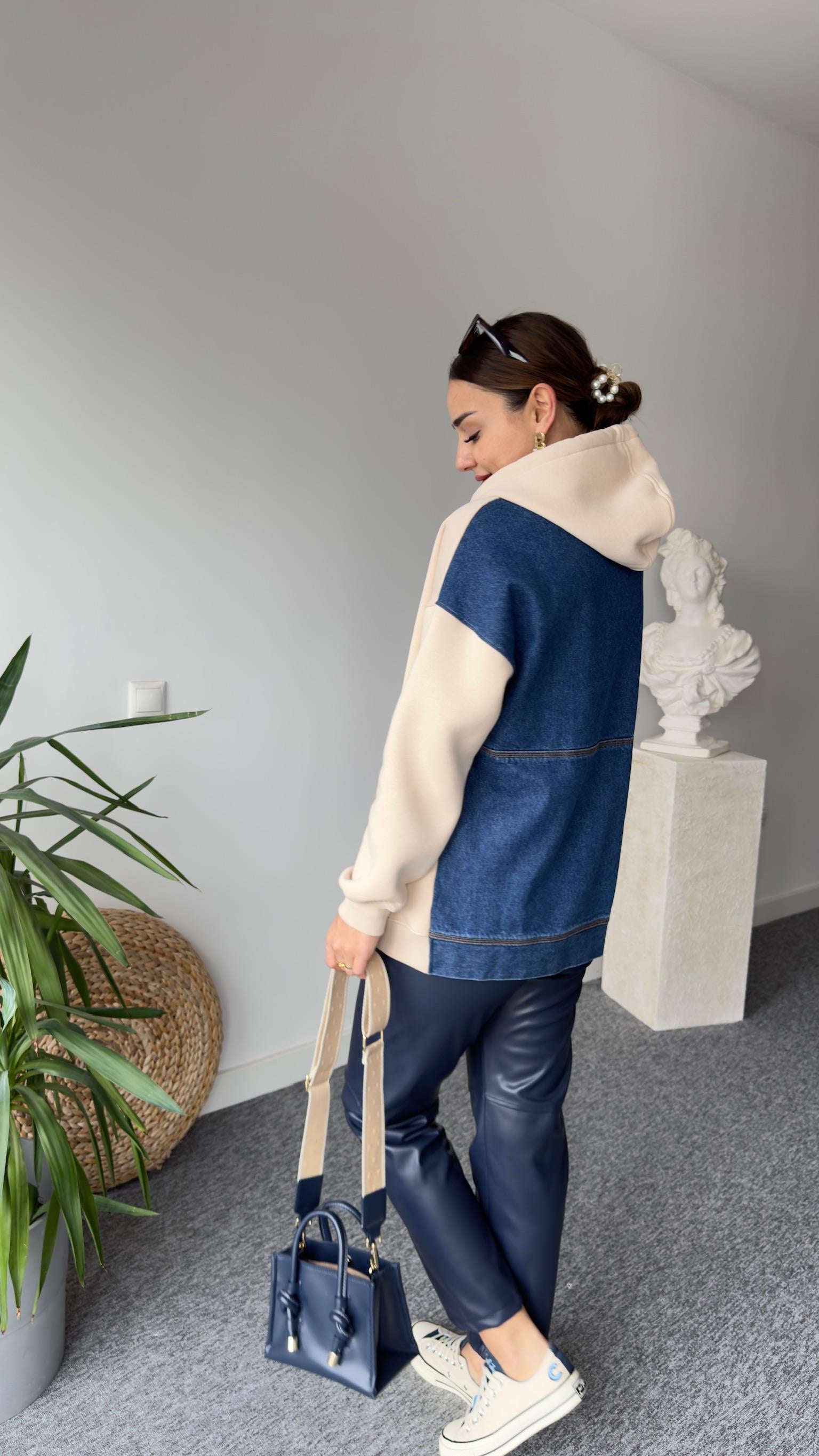 Sırt Kot Detaylı Kapüşonlu Bej Sweat
