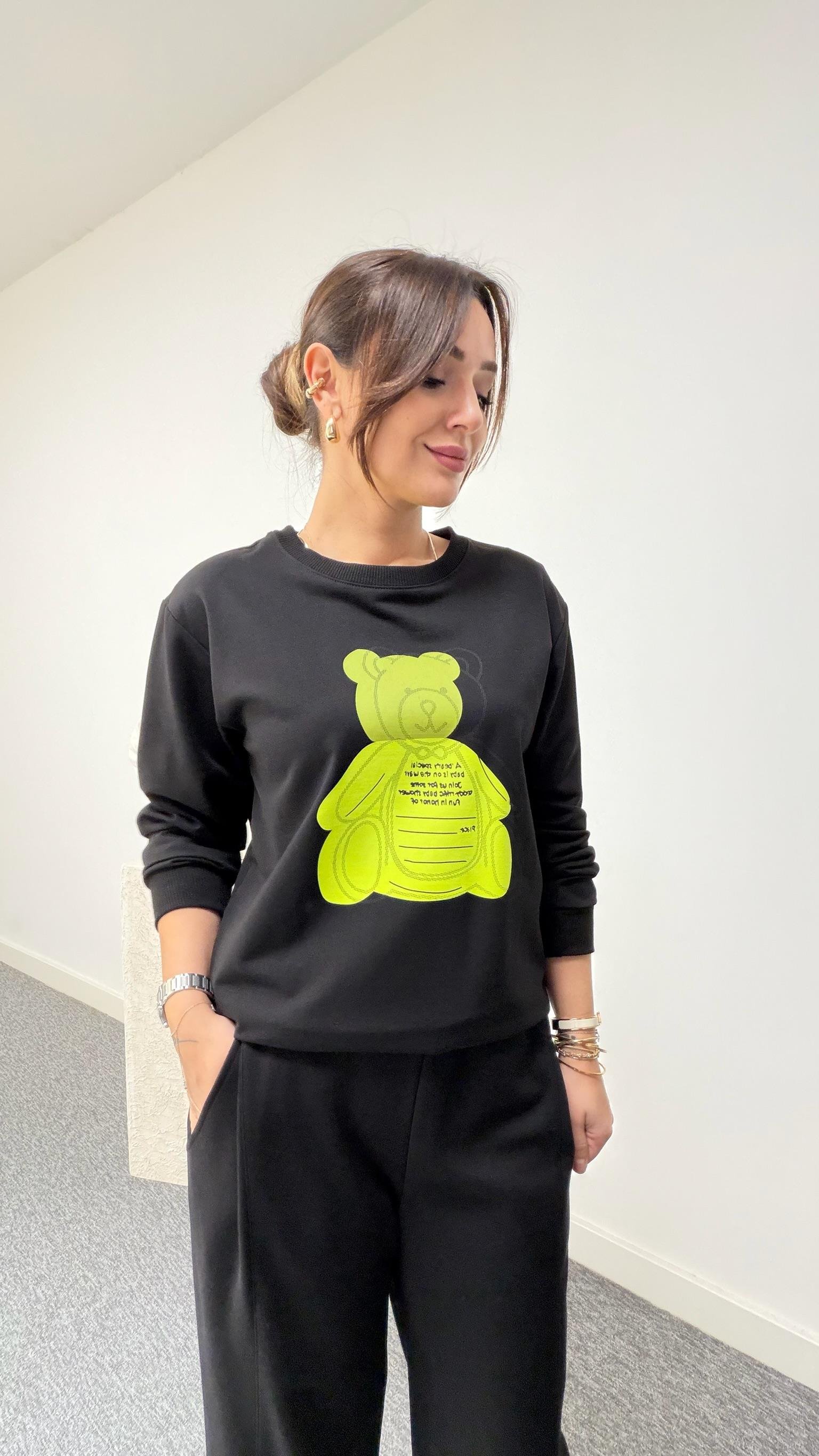 Yeşil Ayıcık Baskı Sweatshirt