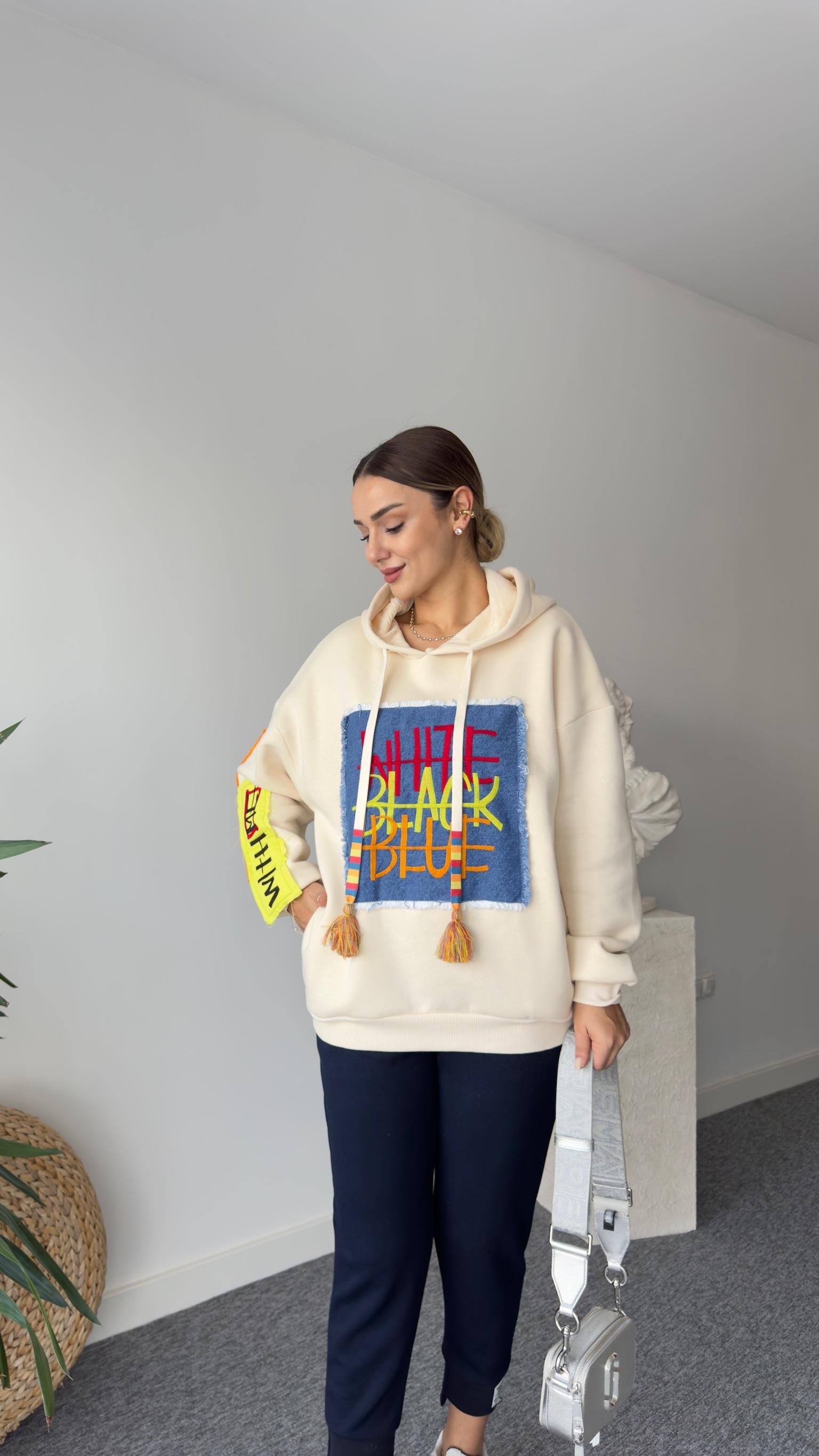 Skylar Kot Üzeri İşleme Detay Bej Sweatshirt