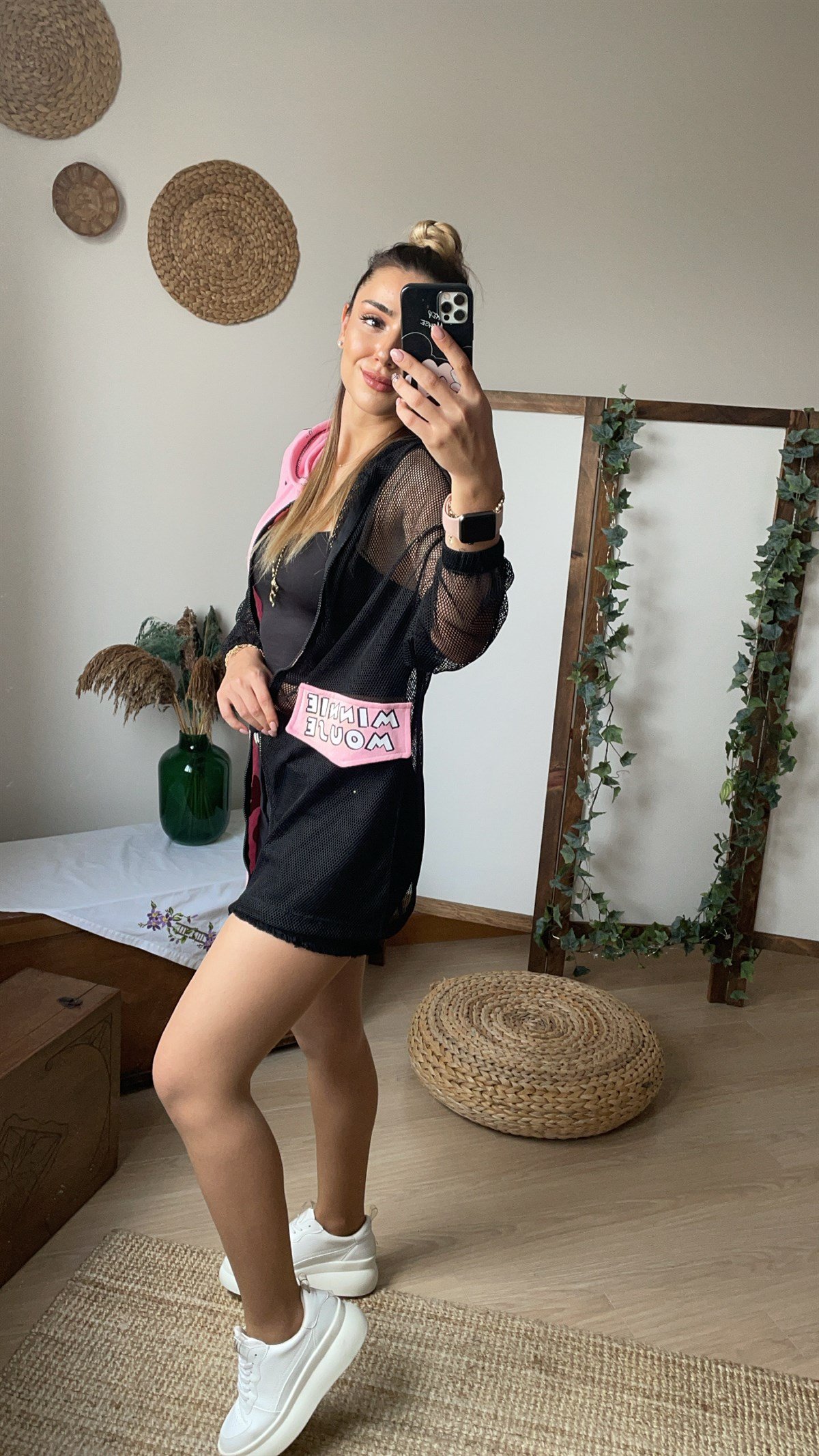 Minnie Mouse Detaylı Pembe Hırka