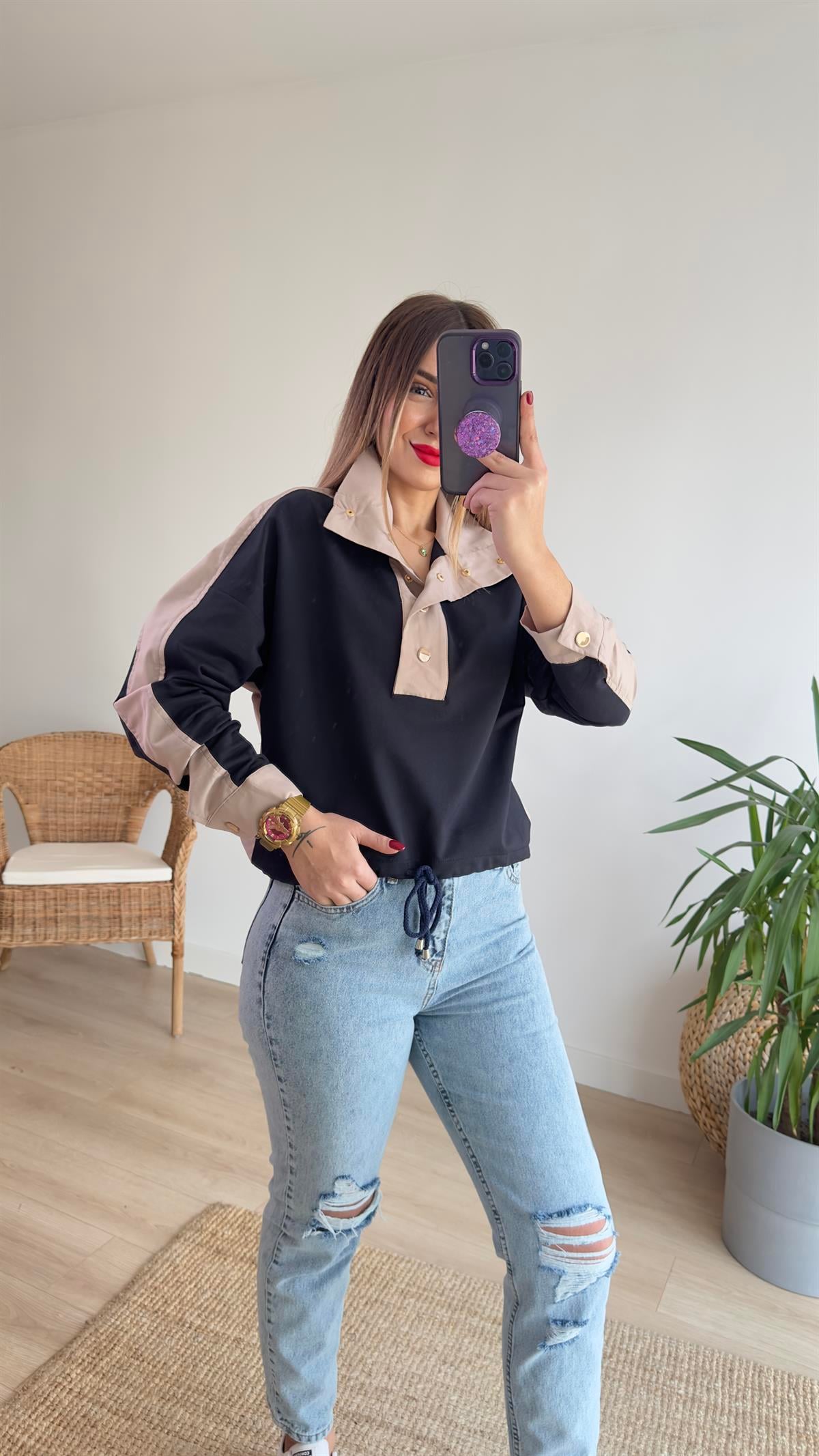 Sırtı Poplin Düğmeli Sweatshirt