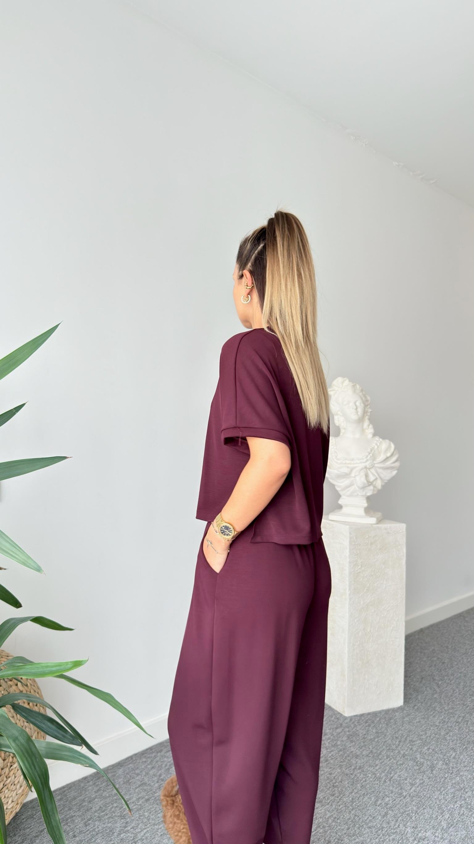 Premium Modal Bordo Şalvar Pantolon Takım