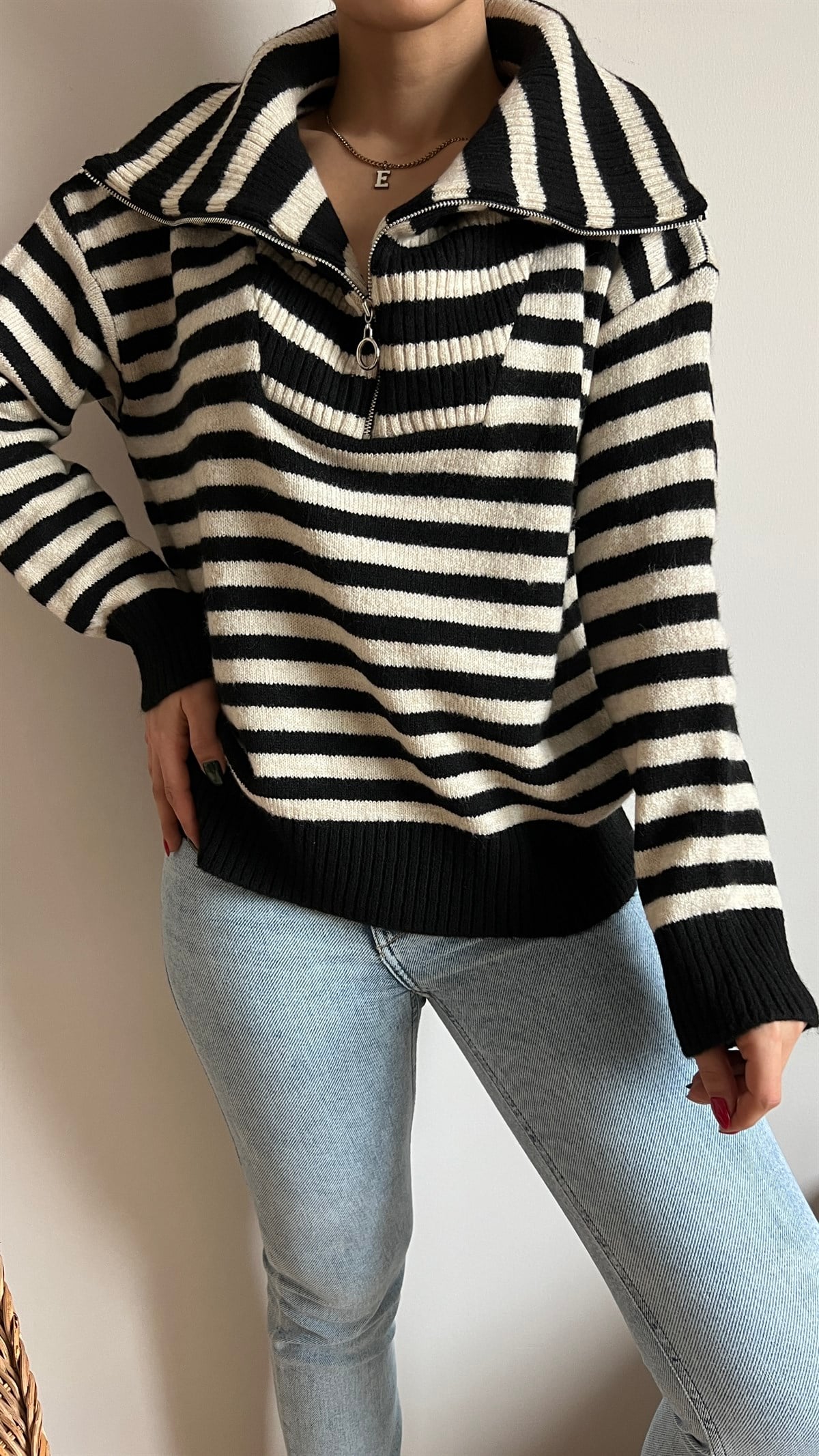 Zara Model Çizgili Yarım Fermuar Kazak