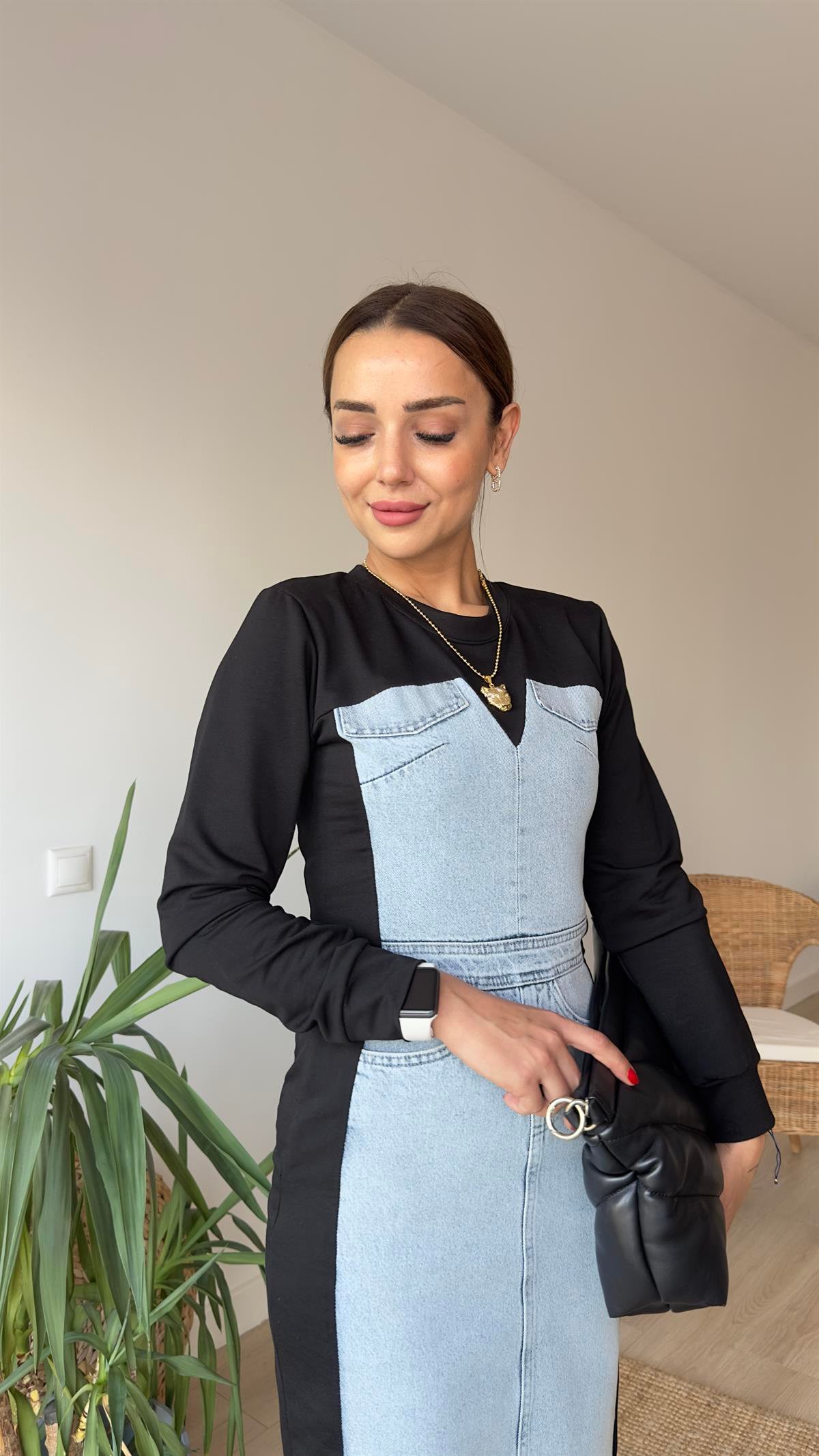 Orj Model Uzun Kol Kot Detay Tasarım Elbise