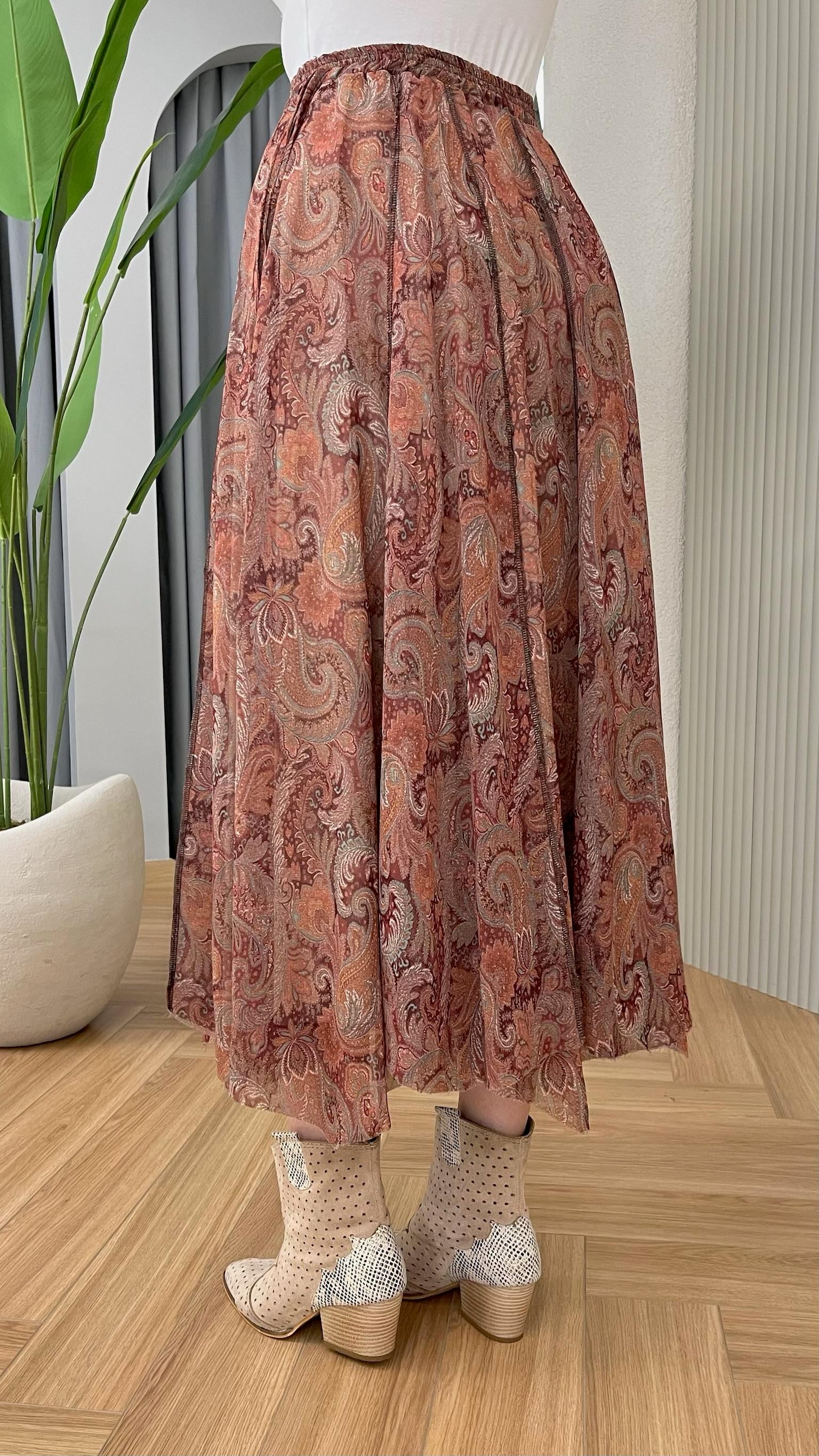 Turuncu Zien Etnik Desenli Şifon Etek