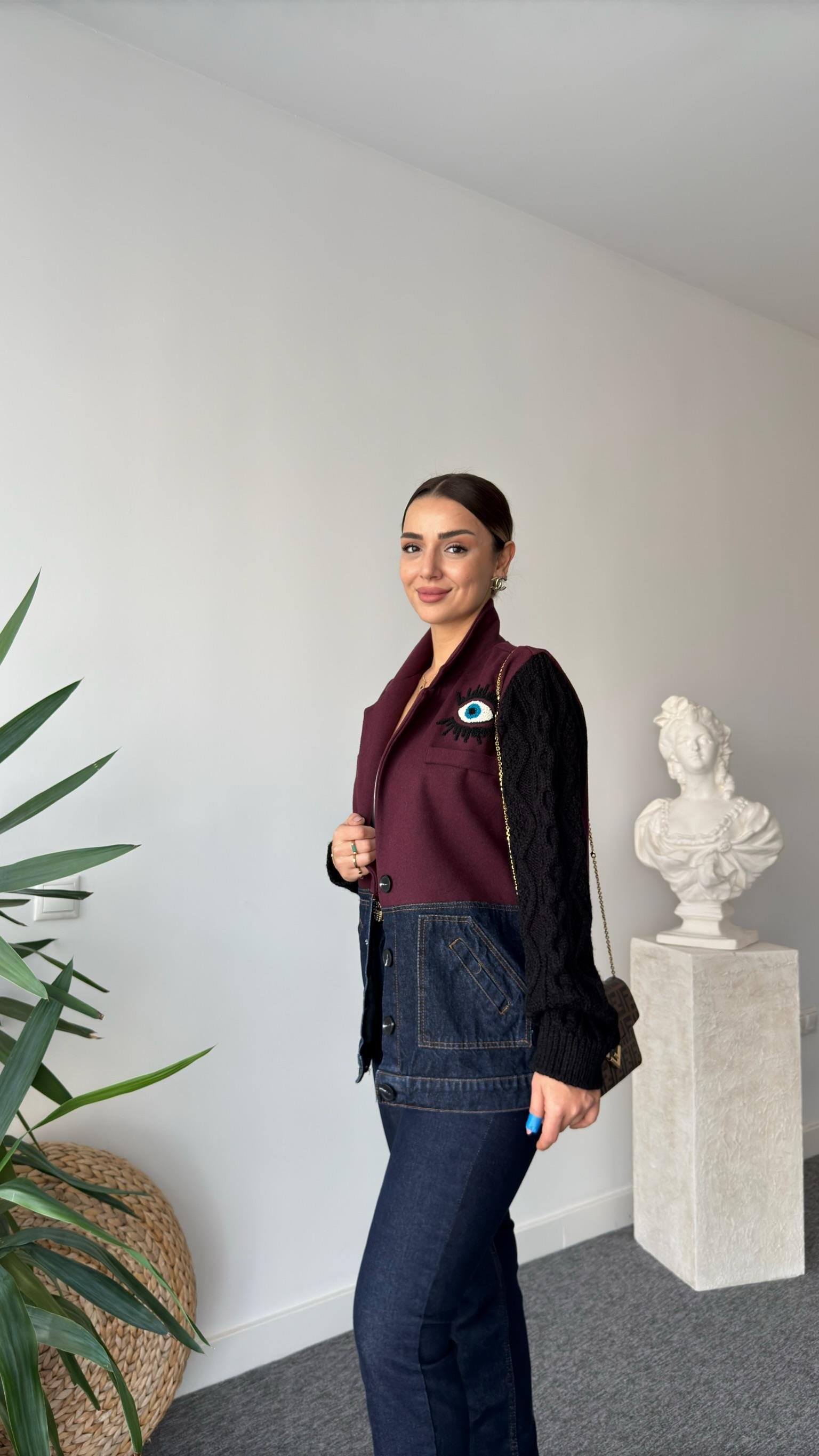 İthal Kollar Triko Detaylı İşlemeli Bordo Blazer Ceket
