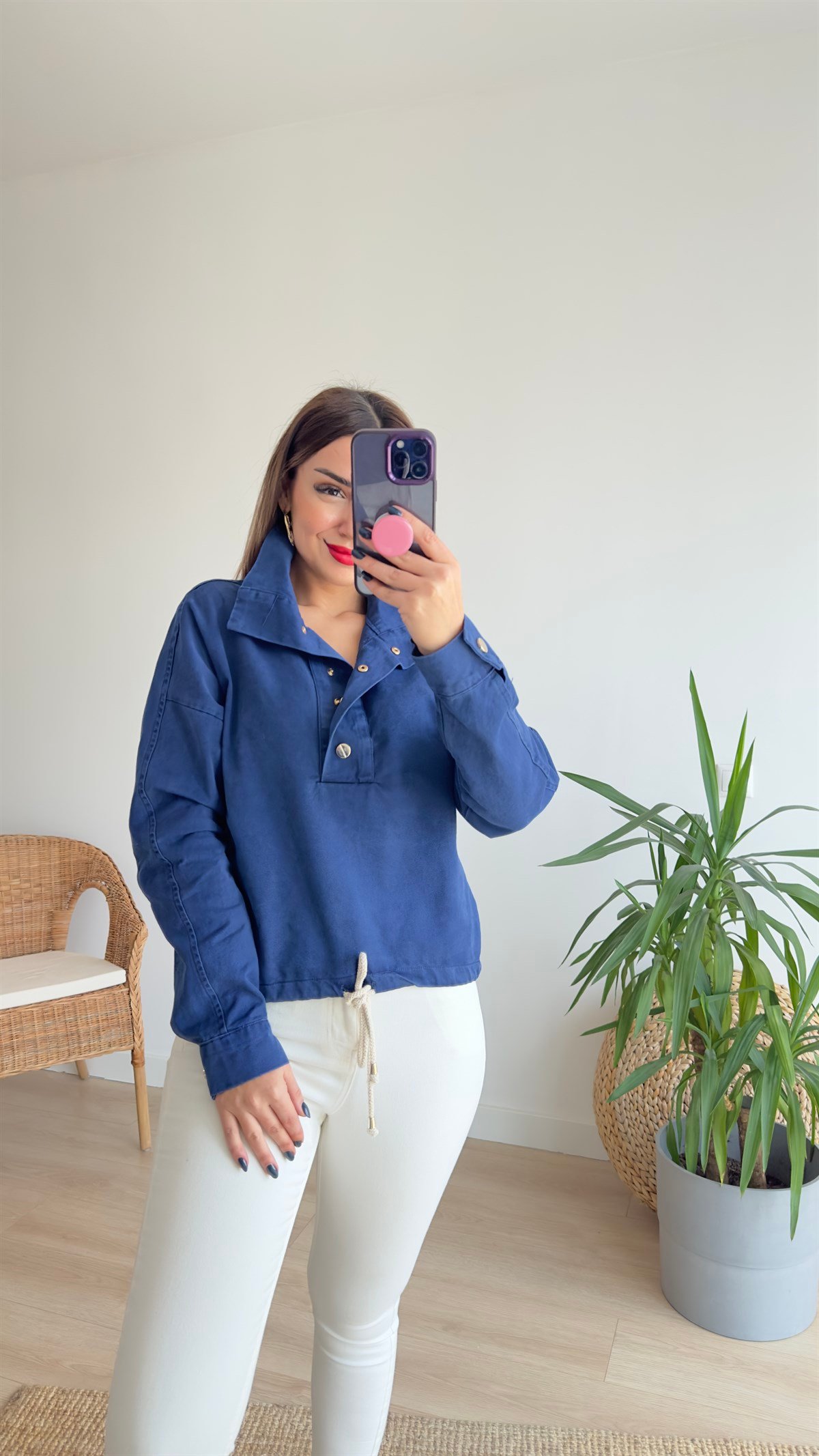 Düğmeli Dik Yaka Kot Sweat
