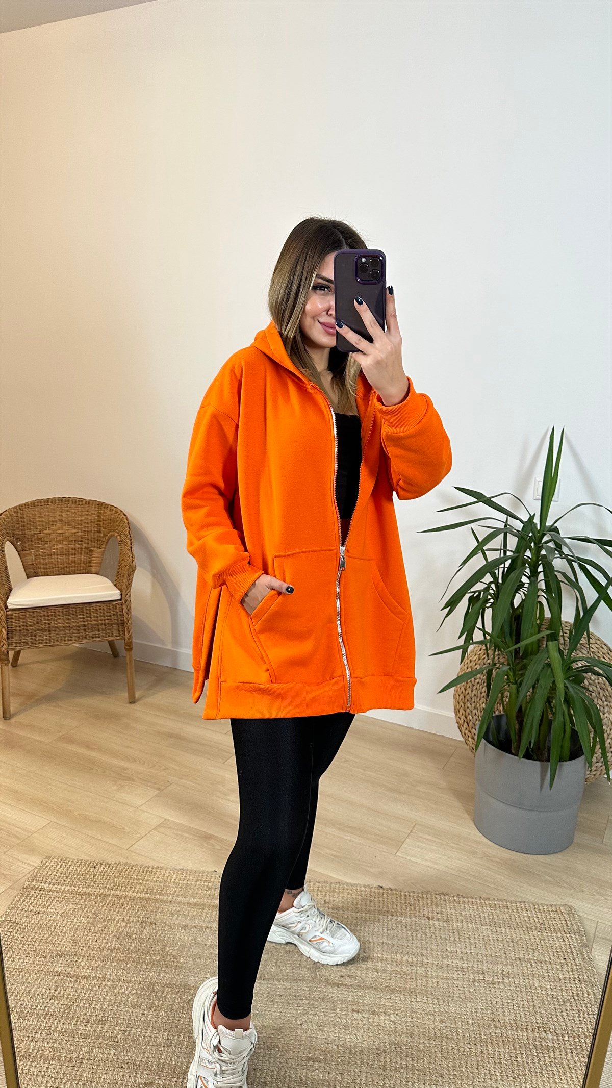 Şardonlu Yanları Yırtmaçlı Turuncu Sweatshirt