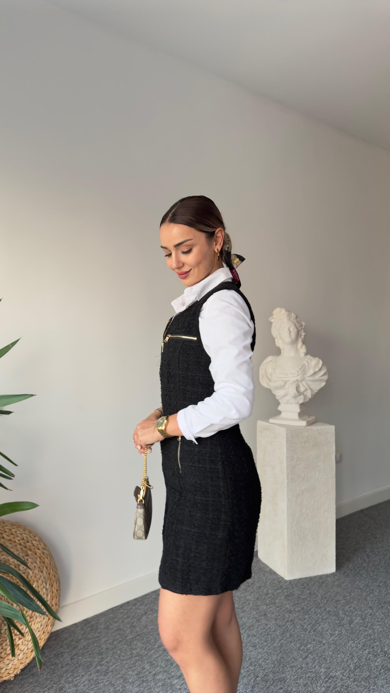 Fermuarlı Elenar Siyah Tüvit Elbise 