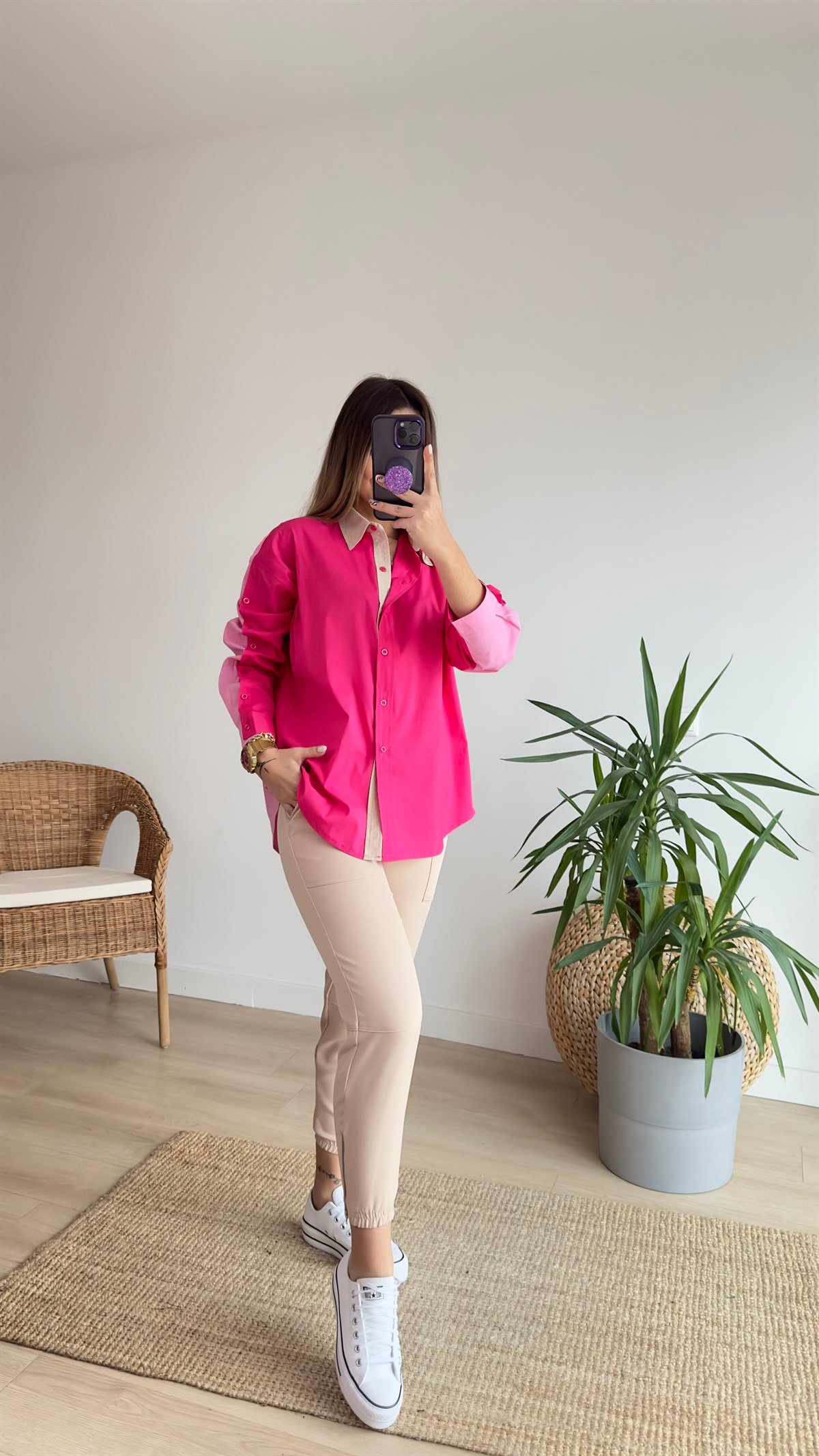 Çift Renk Tasarım Gömlek Pembe