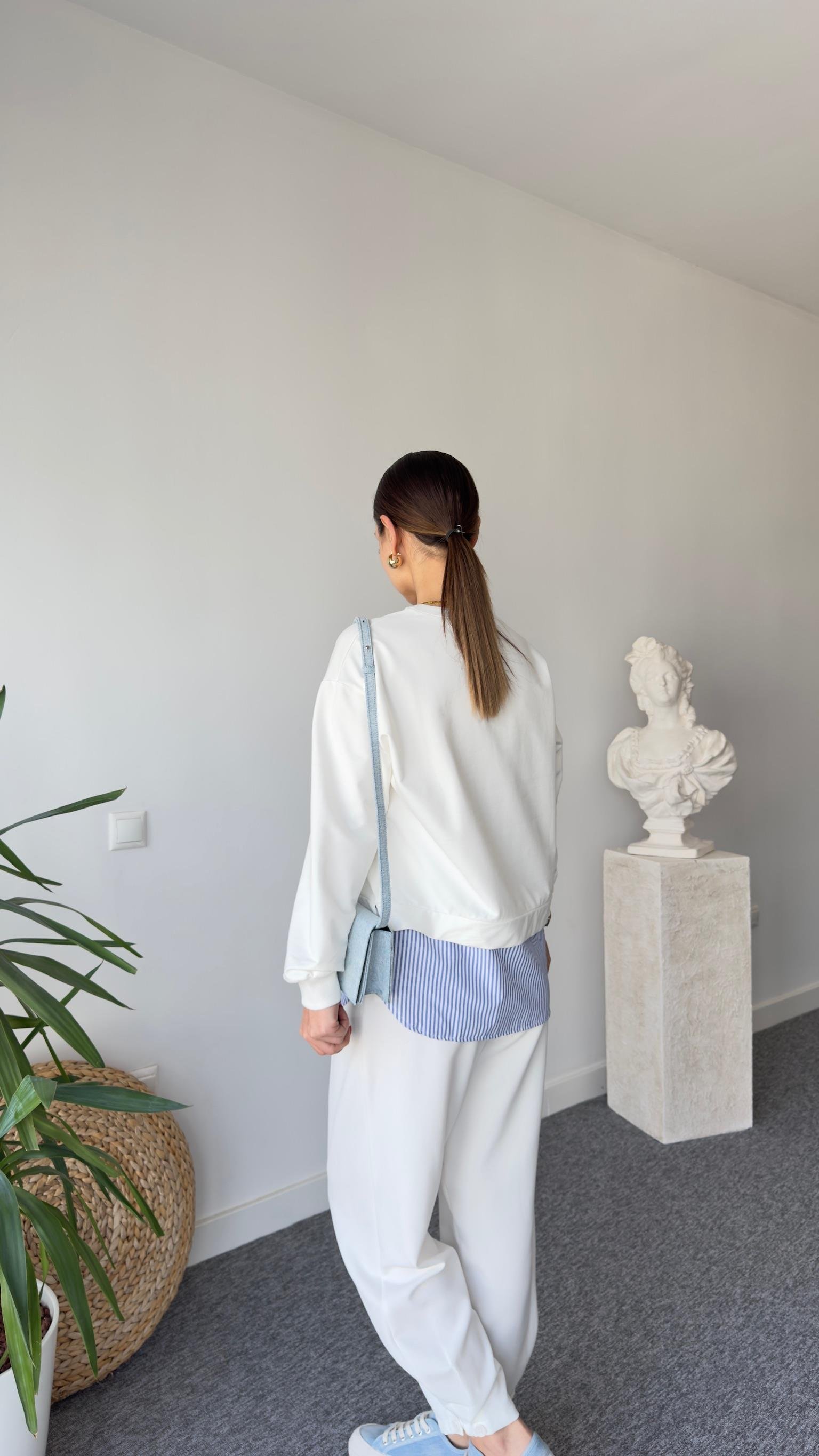 Çizgili Poplin Garnili Beyaz Sweat