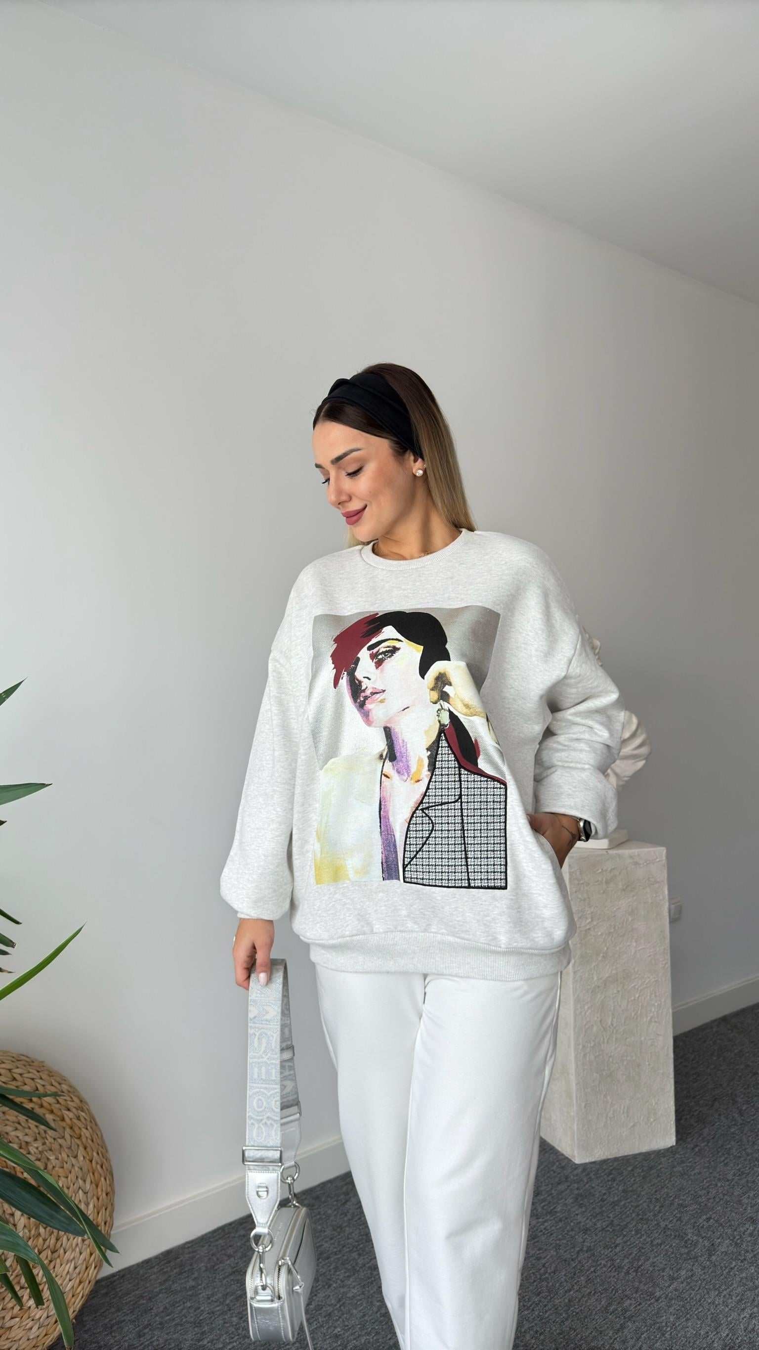 Gilma Kız Baskılı Varaklı Gri Sweatshirt