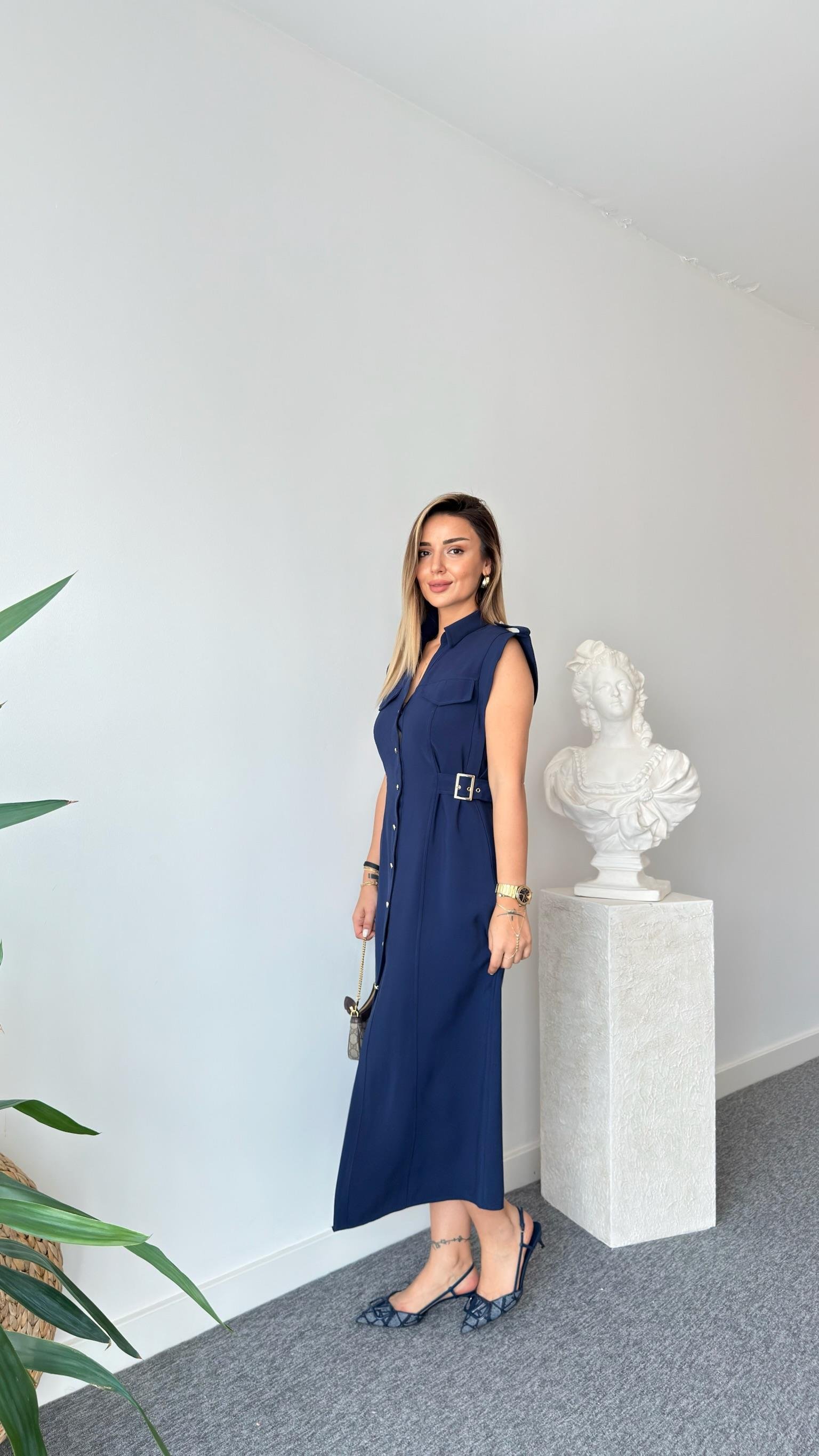 Lacivert Yan Kemerli Zra Model Tensel Elbise 