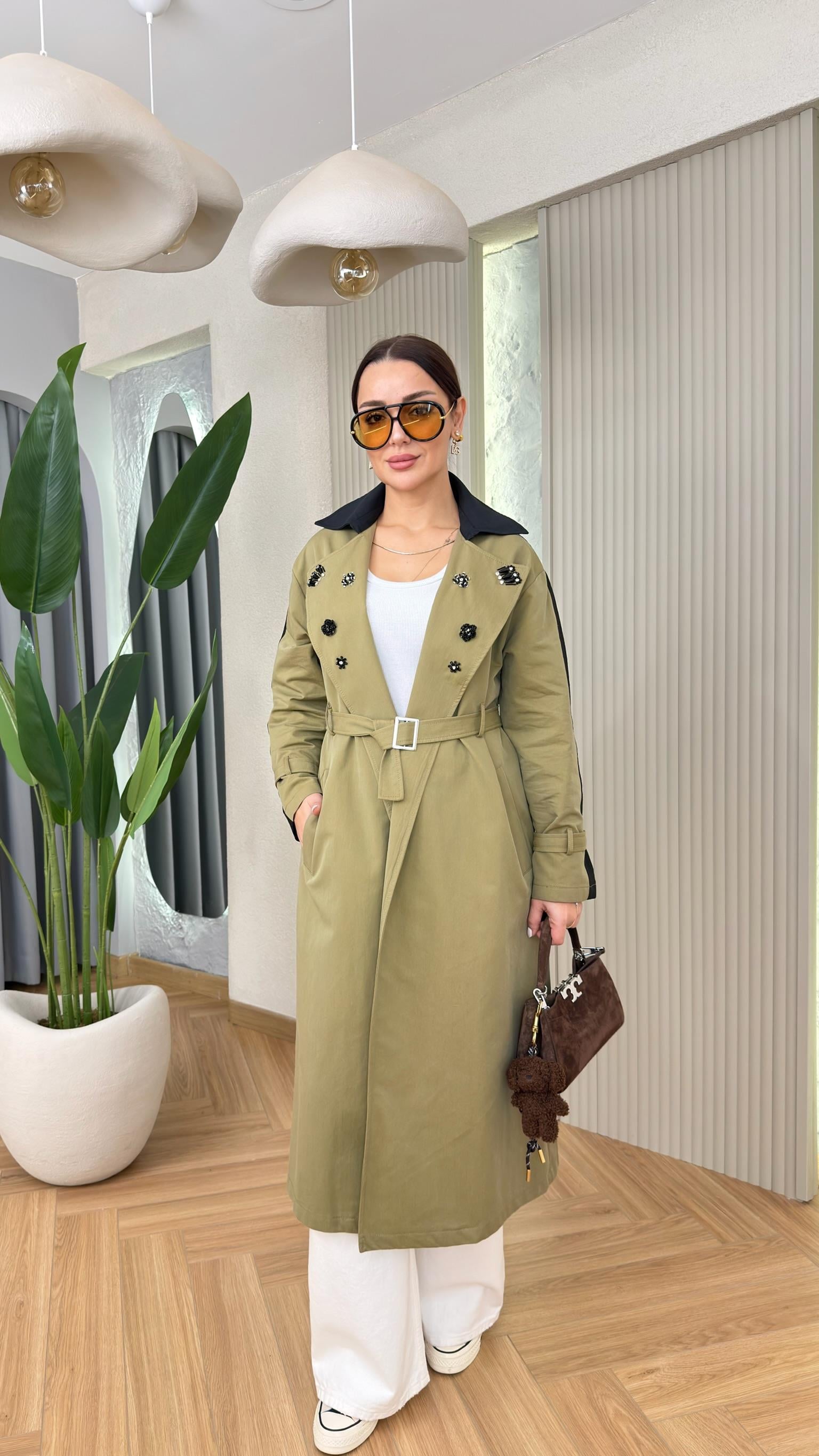 Cindy Paraşüt Garnili Taş Detay Tasarım Trençkot