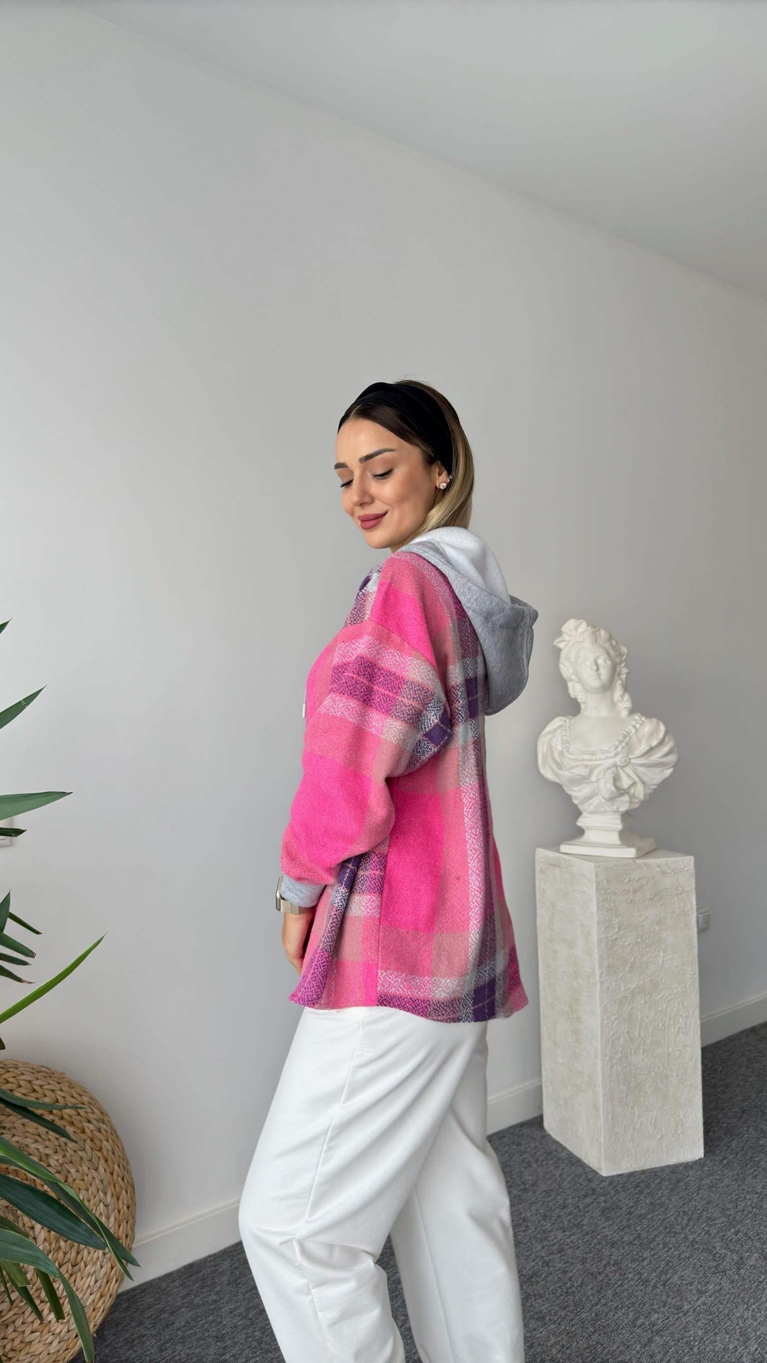 Pembe Ekose Geçişli Kapüşonlu Sweat