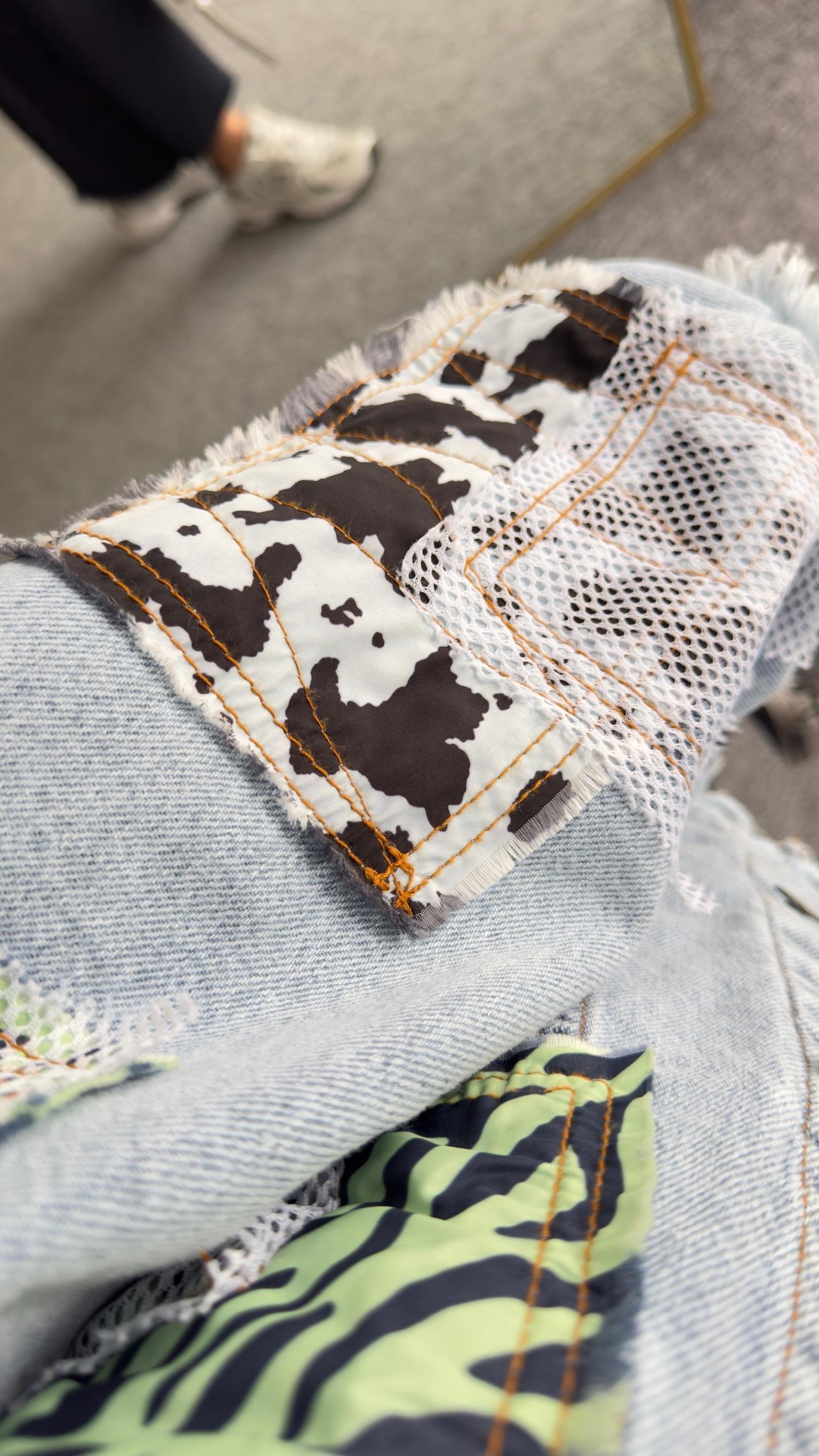 Fileli Patchwork Tasarım Jean Ceket
