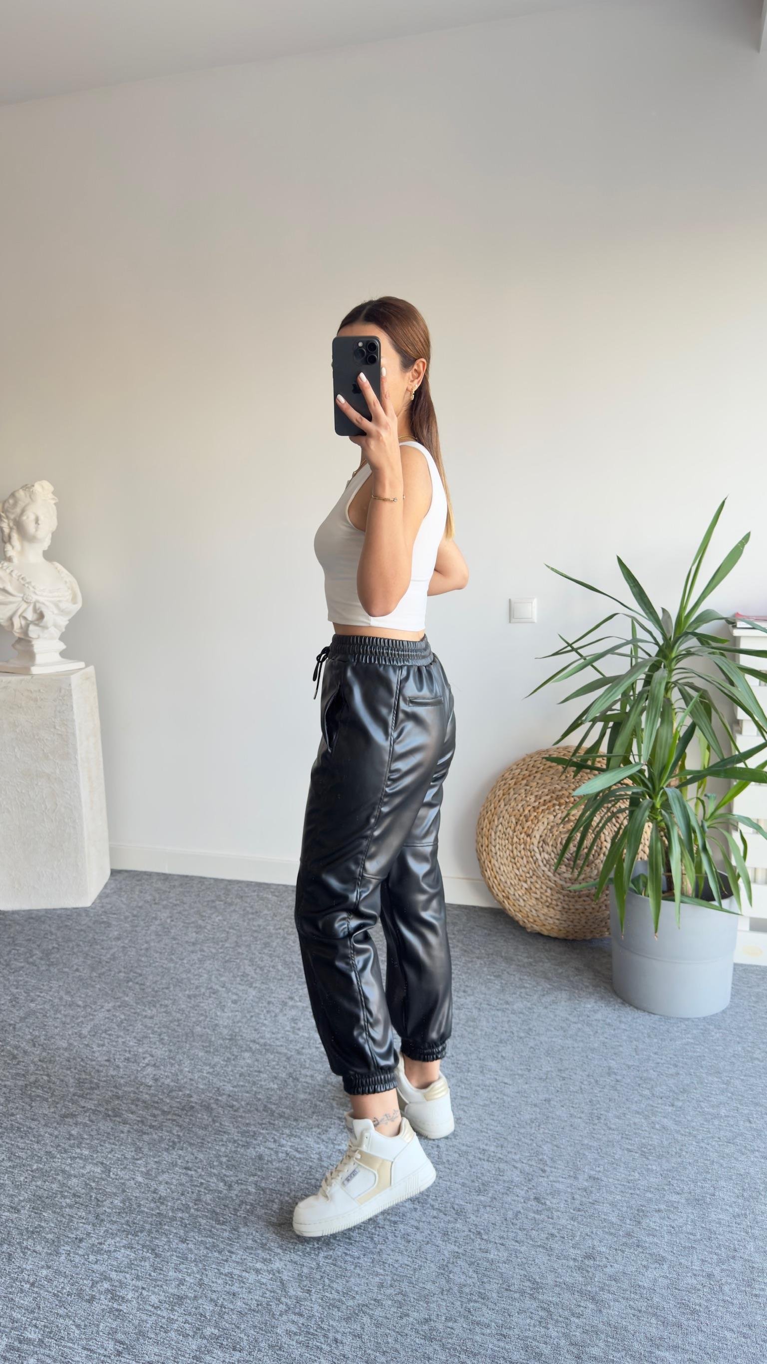 Bel Lastikli Tw Model Siyah Deri Pantolon