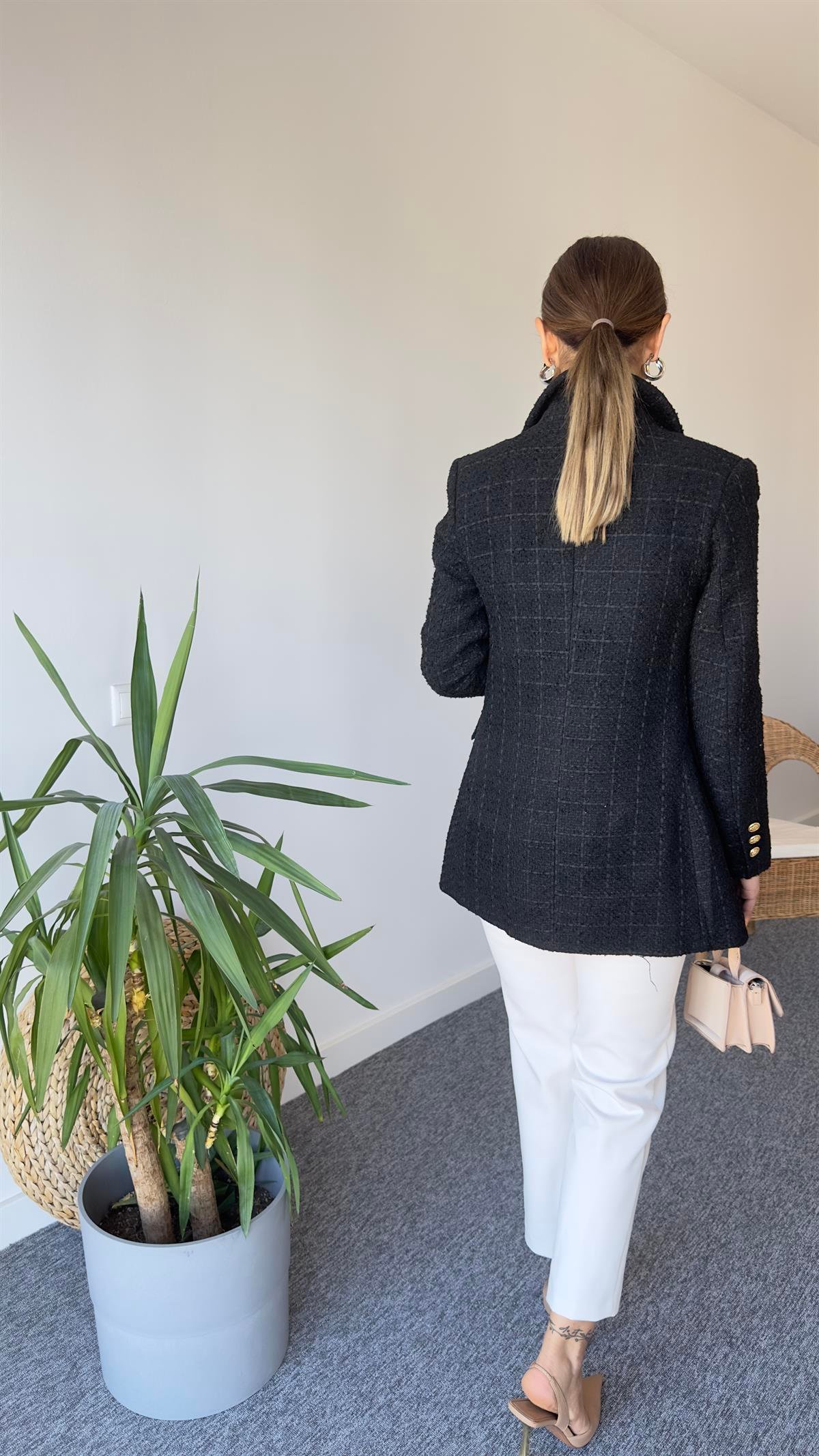 Gold Düğme Siyah Tüvit Blazer Ceket