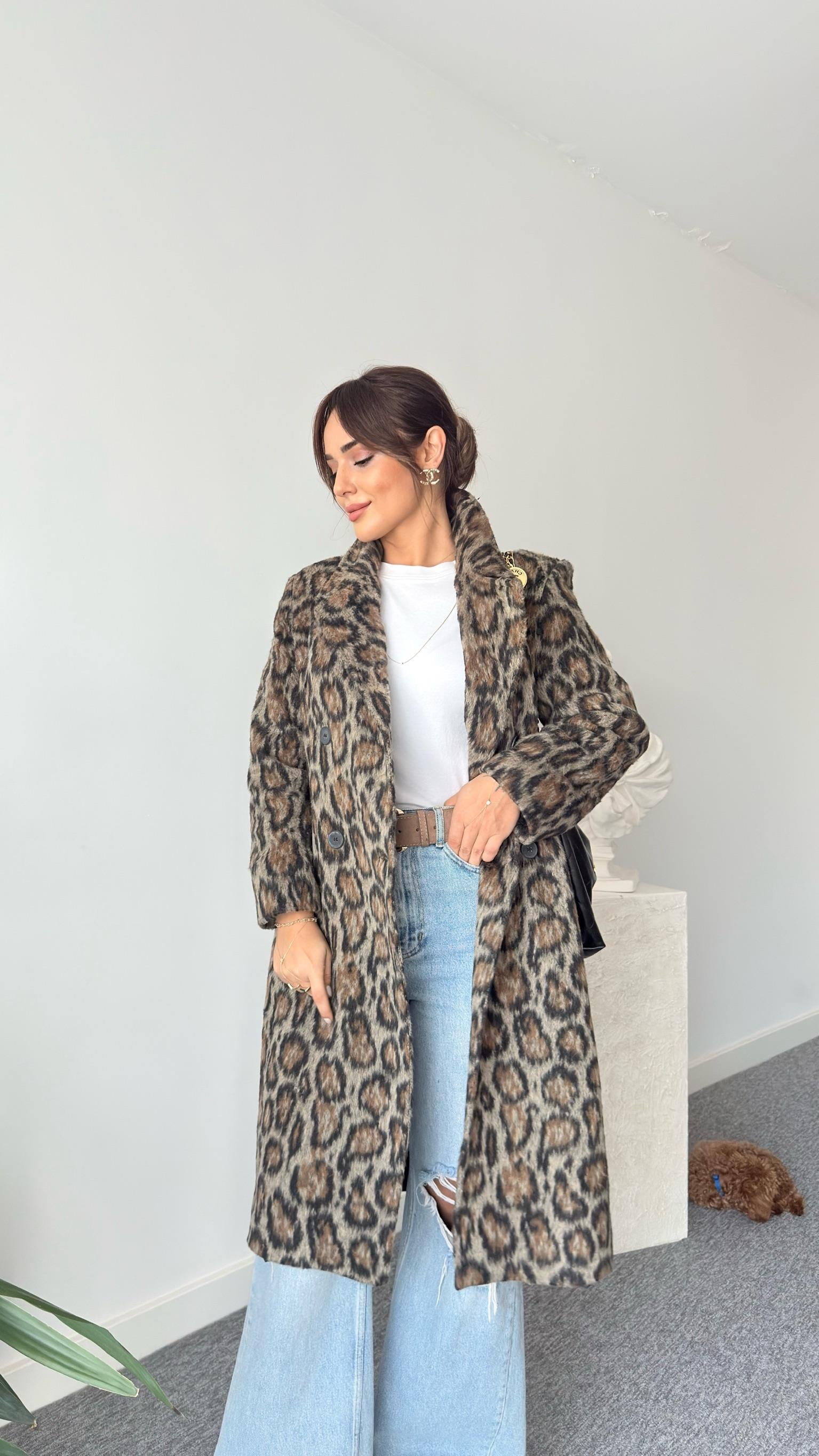 Rolen Leopar Desenli Kaşe Kaban