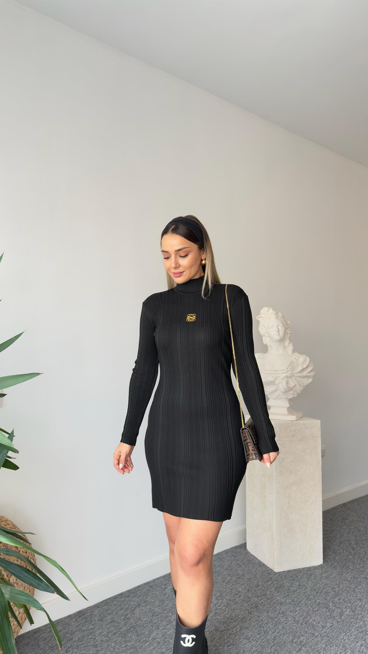 Siyah Pomo Logo Detaylı Triko Elbise 