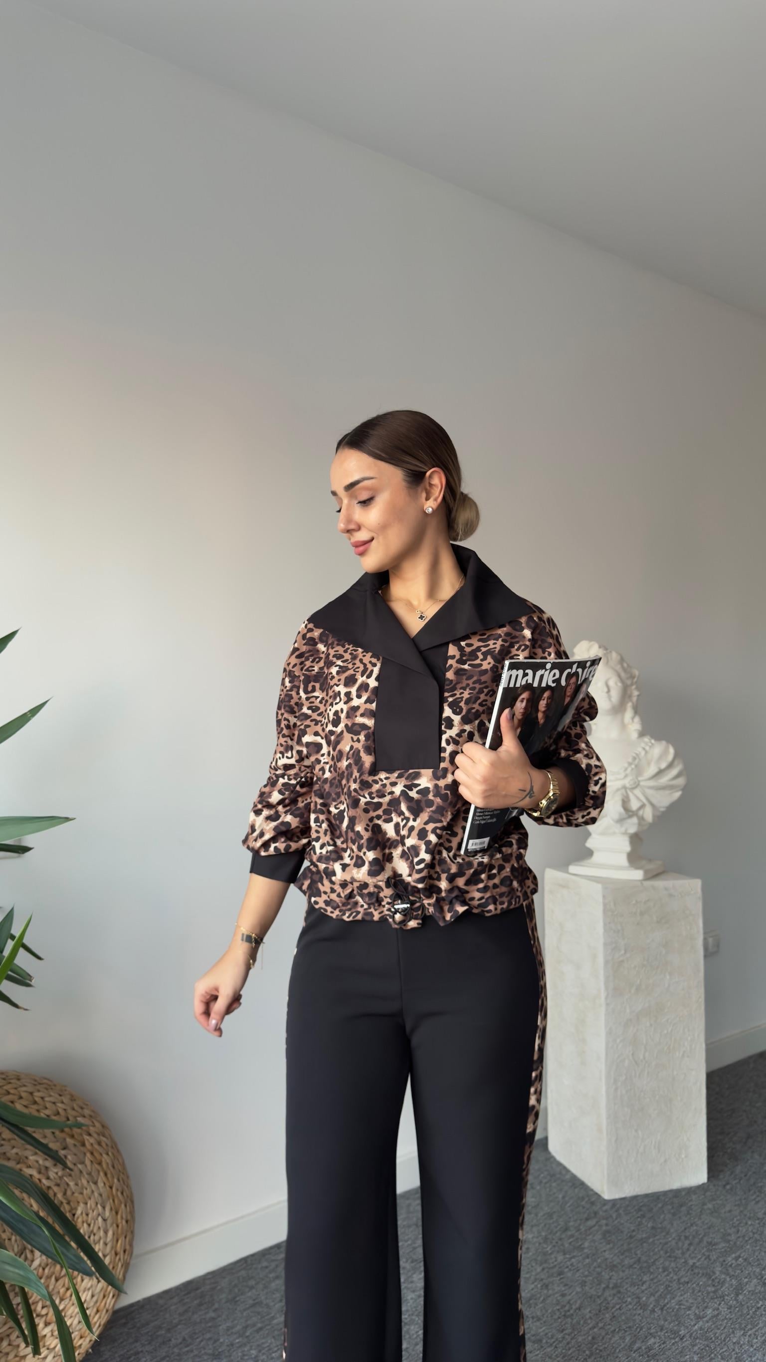 Oliva Leopar Detaylı Sweat Pantolon Takım