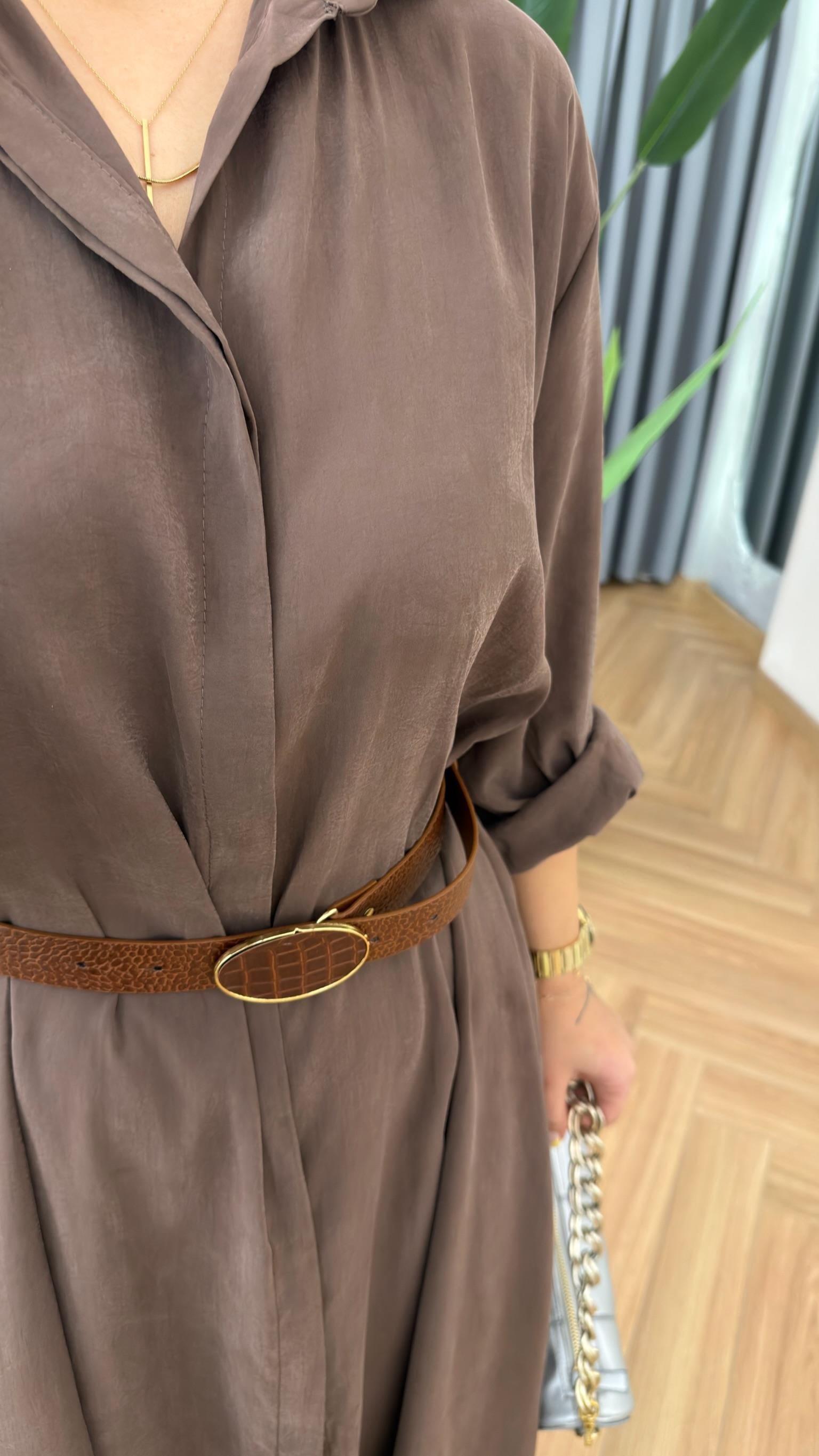 Kahve Vesra Deri Kemer Detaylı Salaş Tensel Elbise