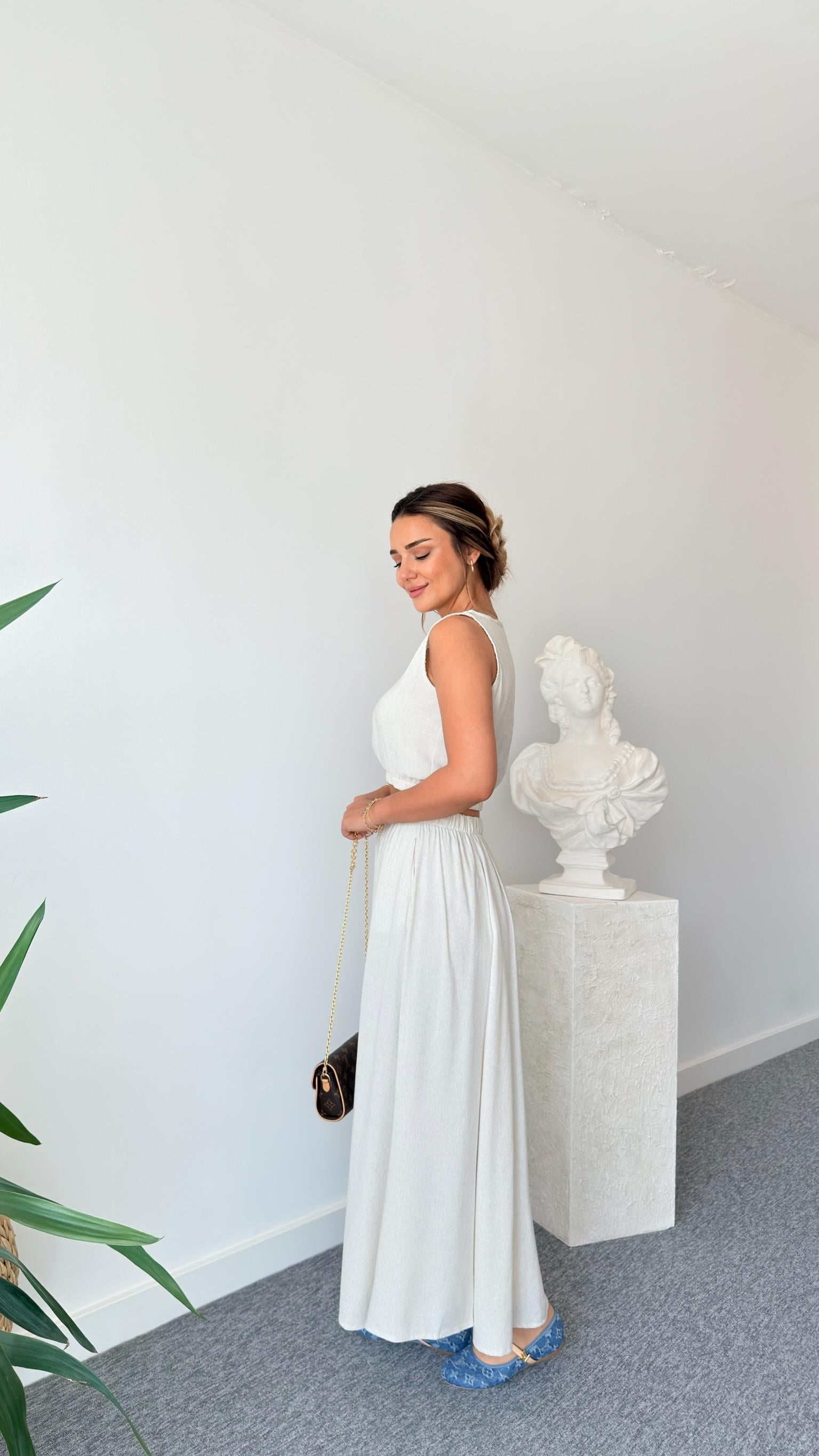 Bej  Keten Etekli Crop Takım