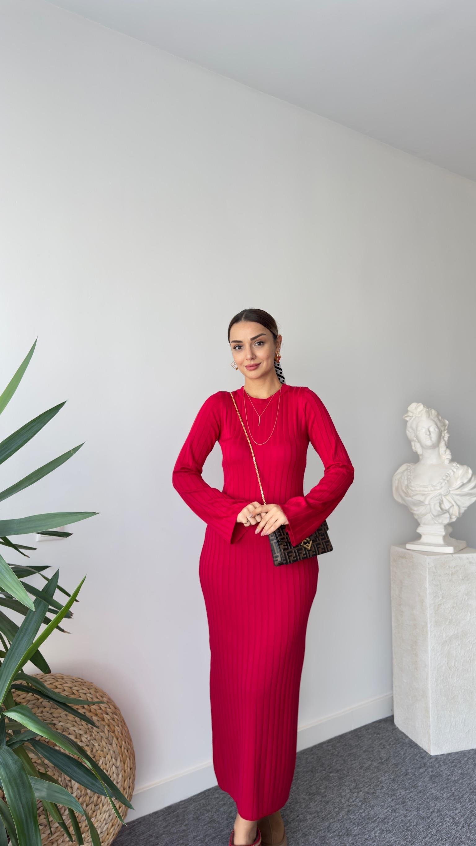 Rudi Zra Model Kırmızı Çelik Triko Elbise 