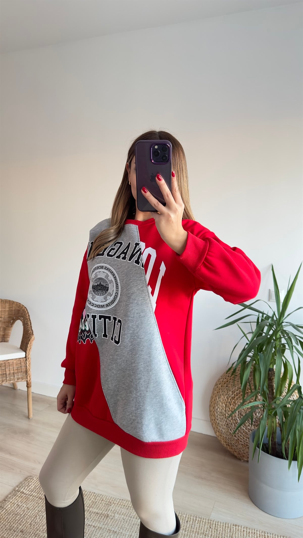 Çift Renk Baskılı Kırmızı Sweat	