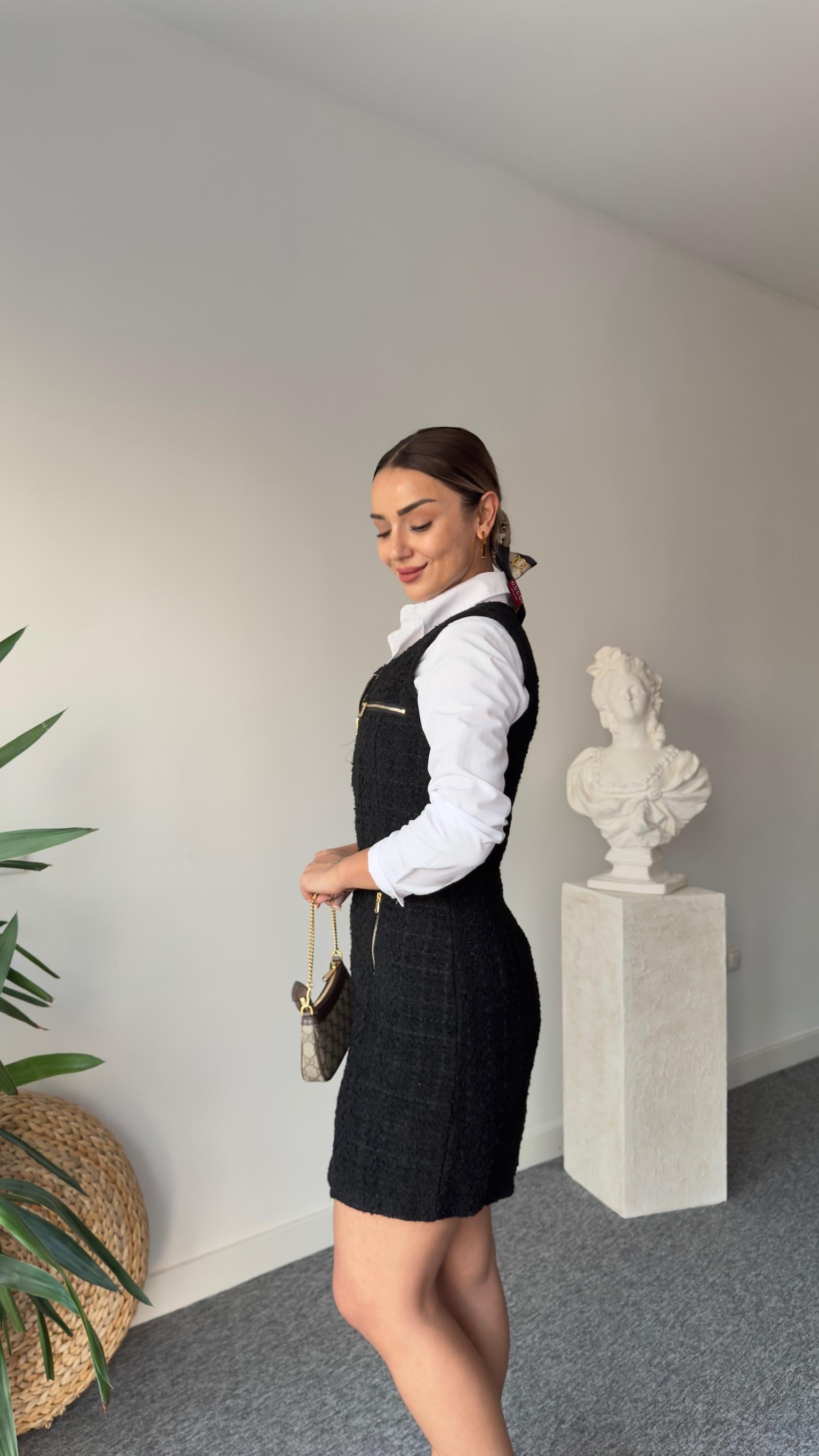 Fermuarlı Elenar Siyah Tüvit Elbise 
