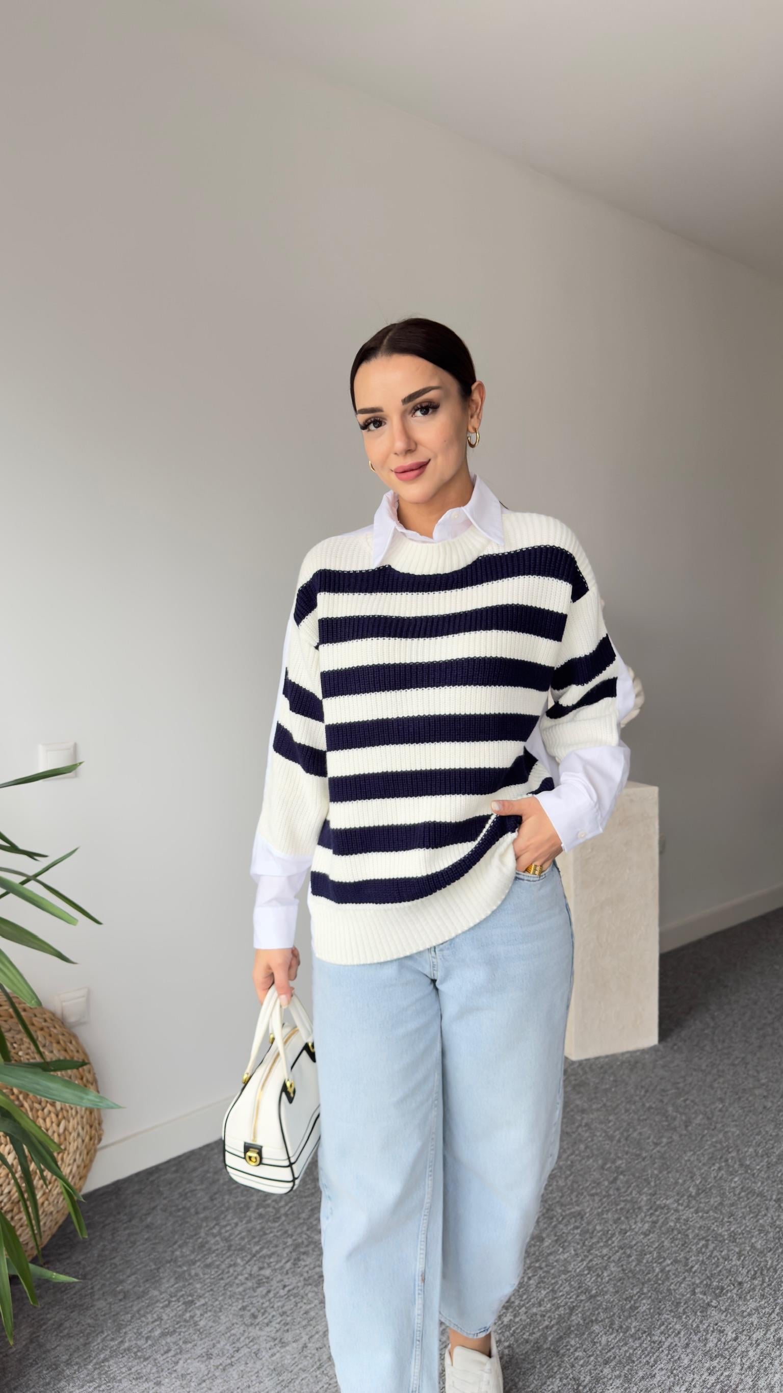 Eras Sırt Gömlek Detay Çizgili Kazak