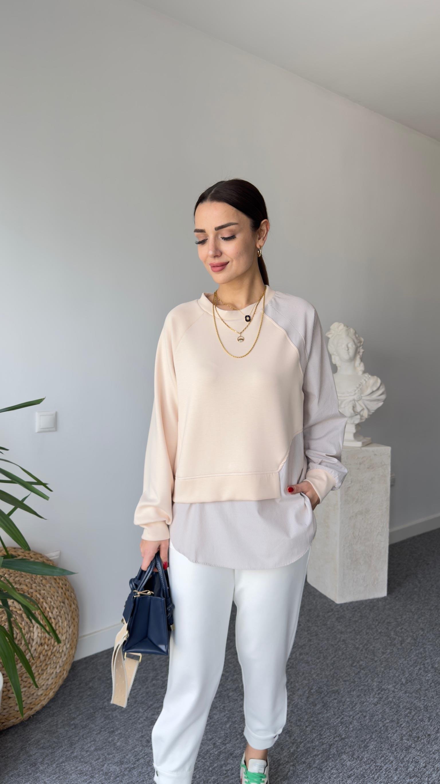 Yan Gömlek Parçalı Bej Modal Sweat