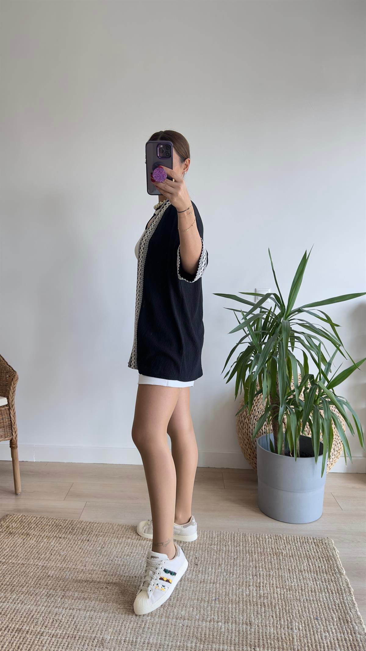 Mihra Şerit Detaylı Siyah Kimono