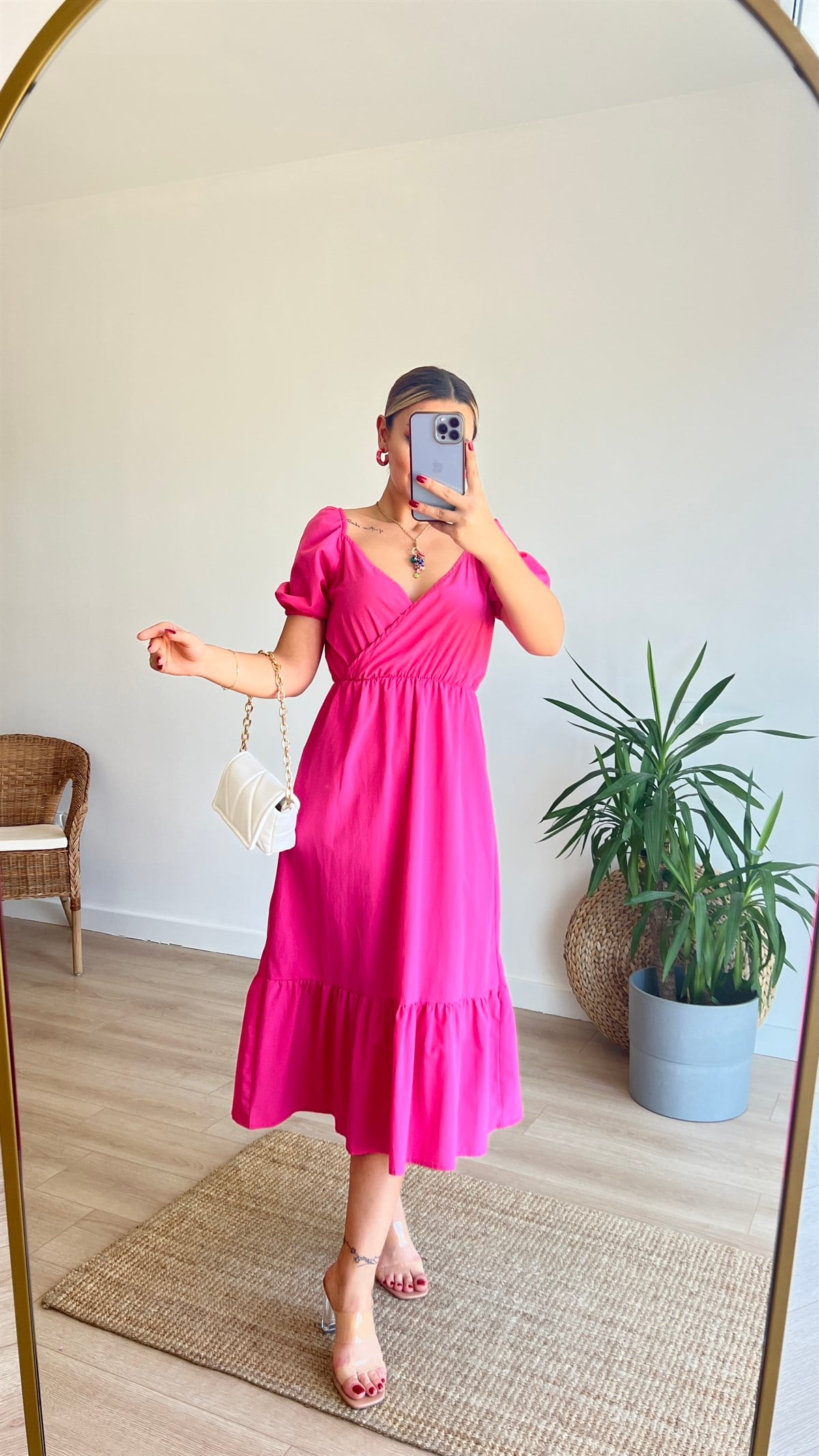 Kruvaze Yaka Pembe Poplin Elbise