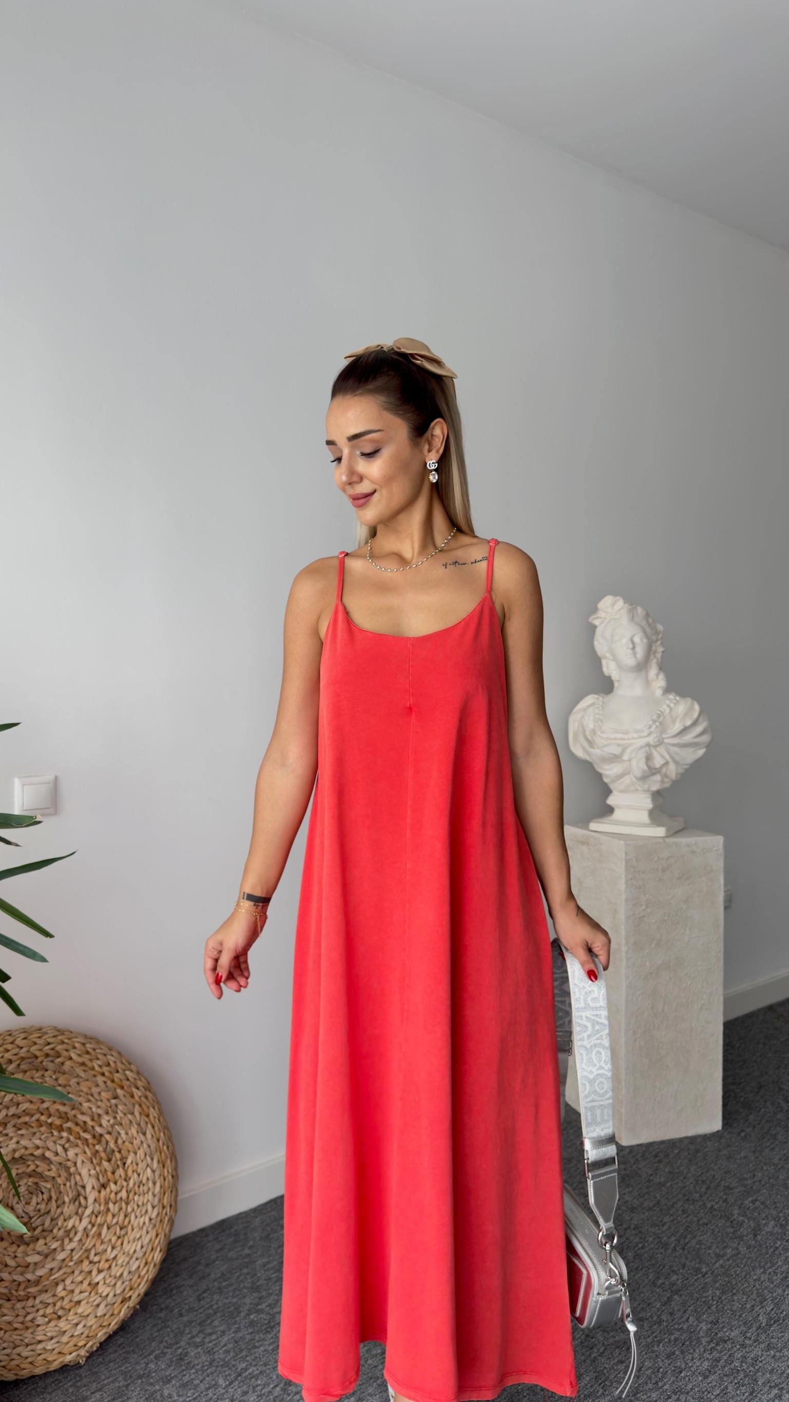 Polly Yıkamalı Kırmızı Askılı Elbise 