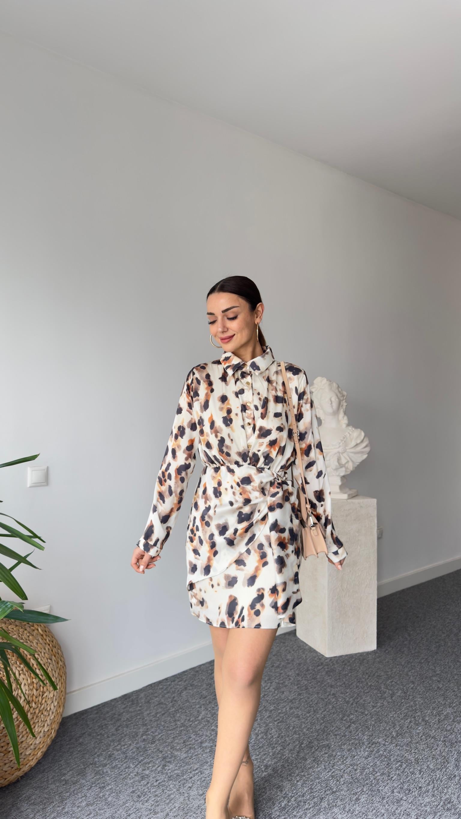 Saten Astarlı Leopar Desen Elbise 