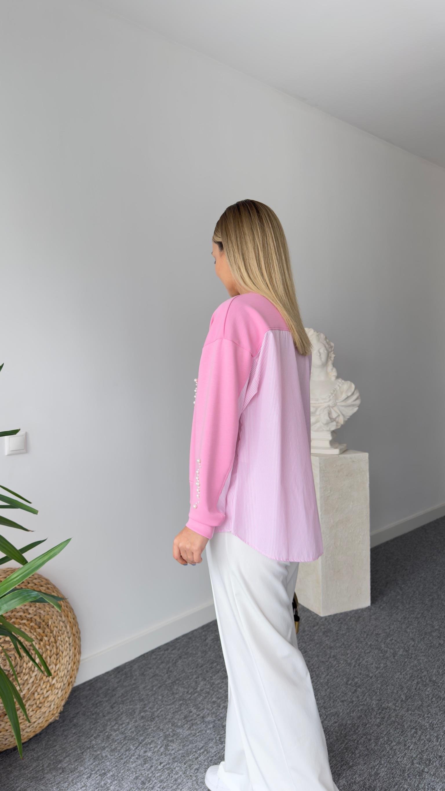 İnci Detaylı Gömlek Garni Pembe Modal Sweat