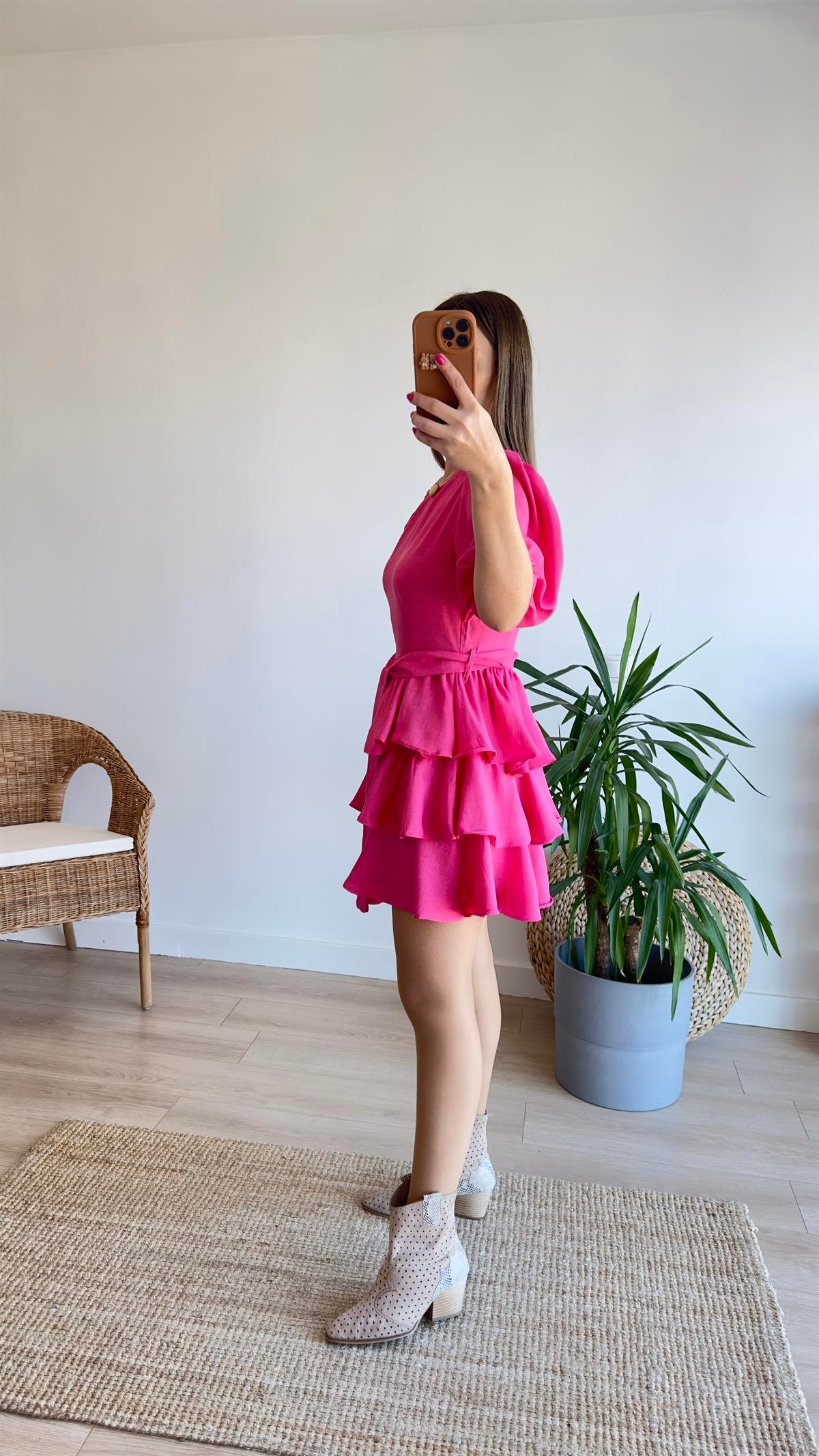Pembe Katlı Balon Kol Elbise