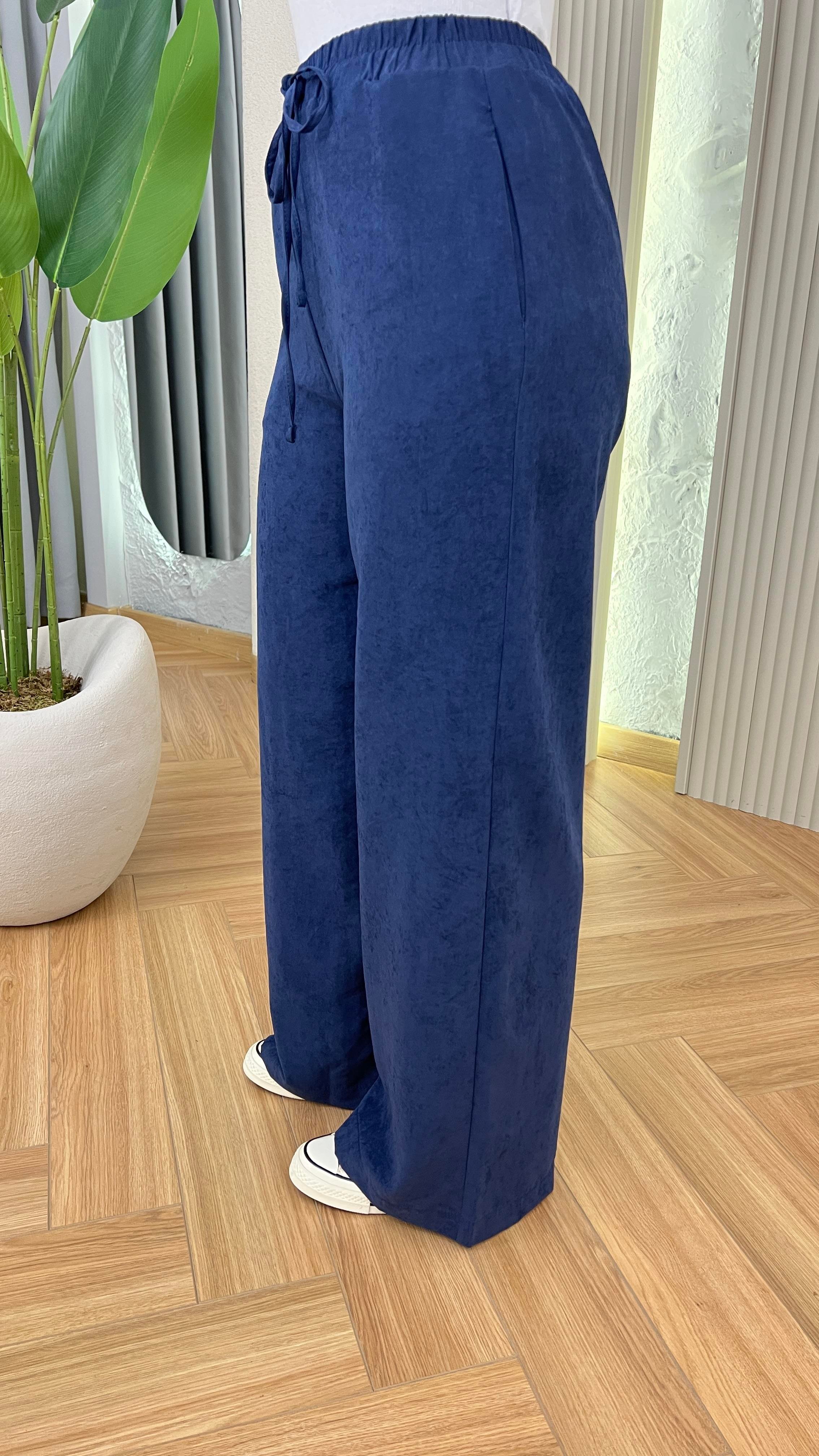 Lacivert Mois Dokulu Bol Paça Pantolon