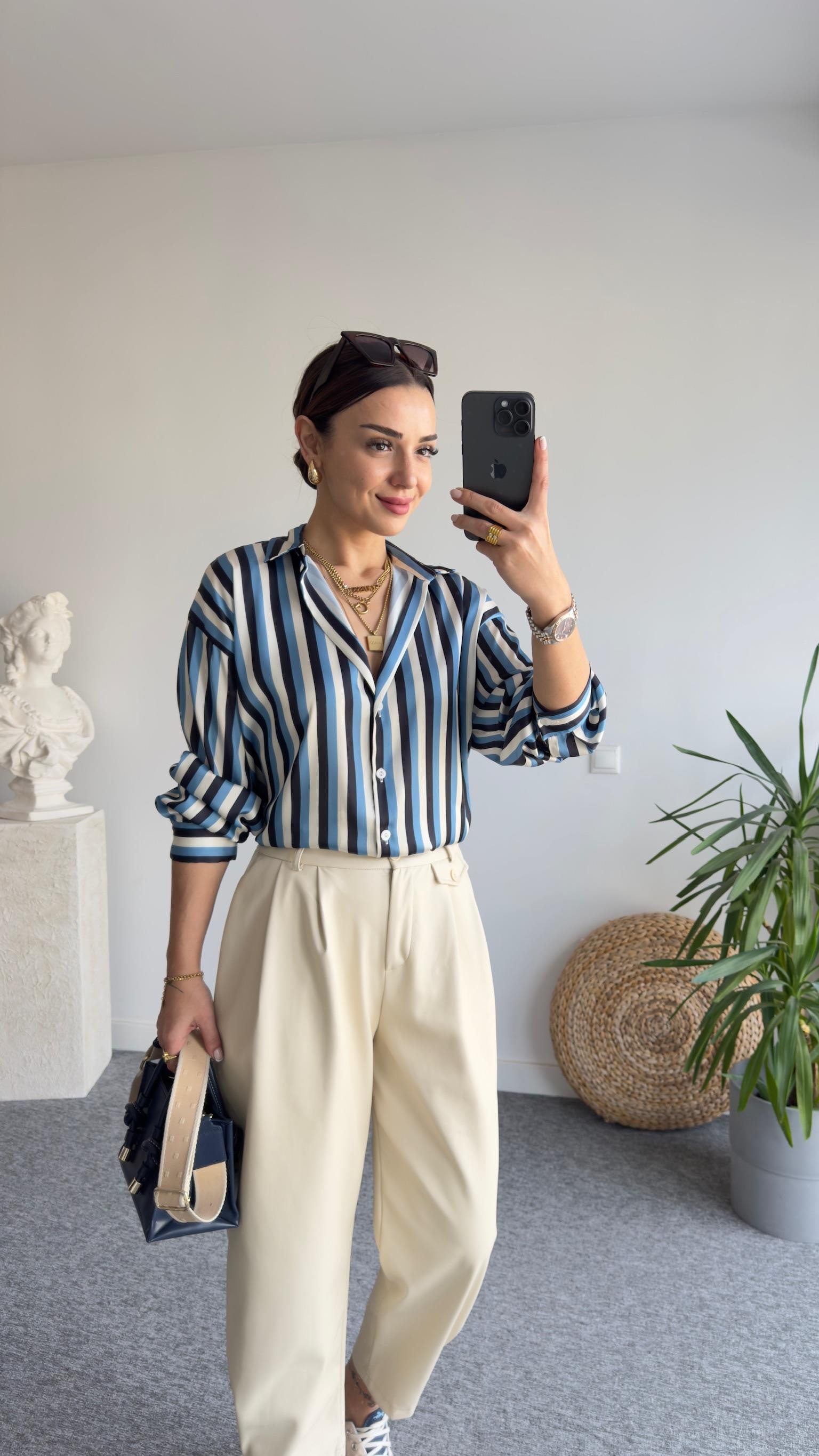 İvvi Zra Model Mavi Çizgili Saten Gömlek