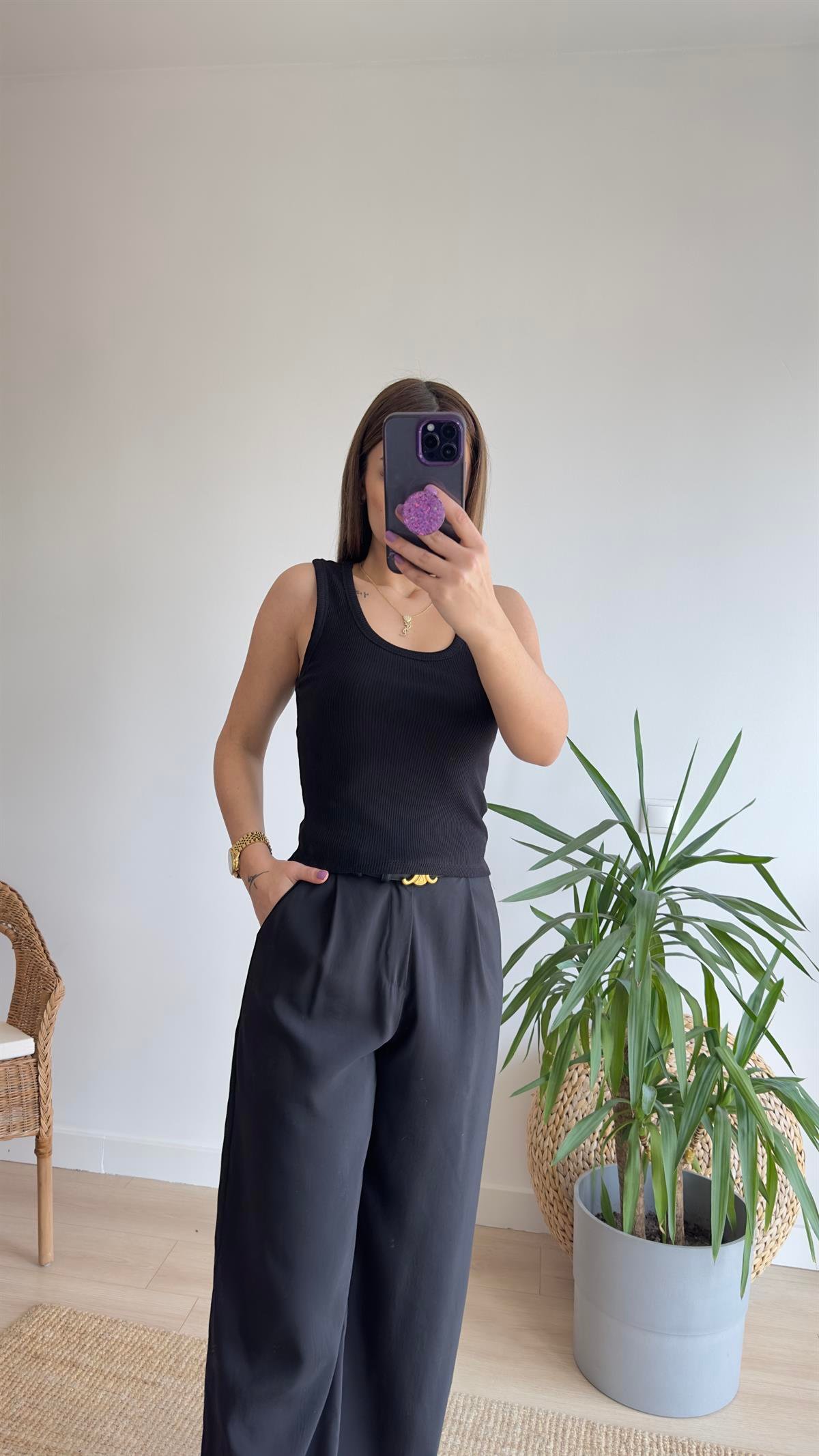 İlya Çizgili U Yaka Siyah Crop