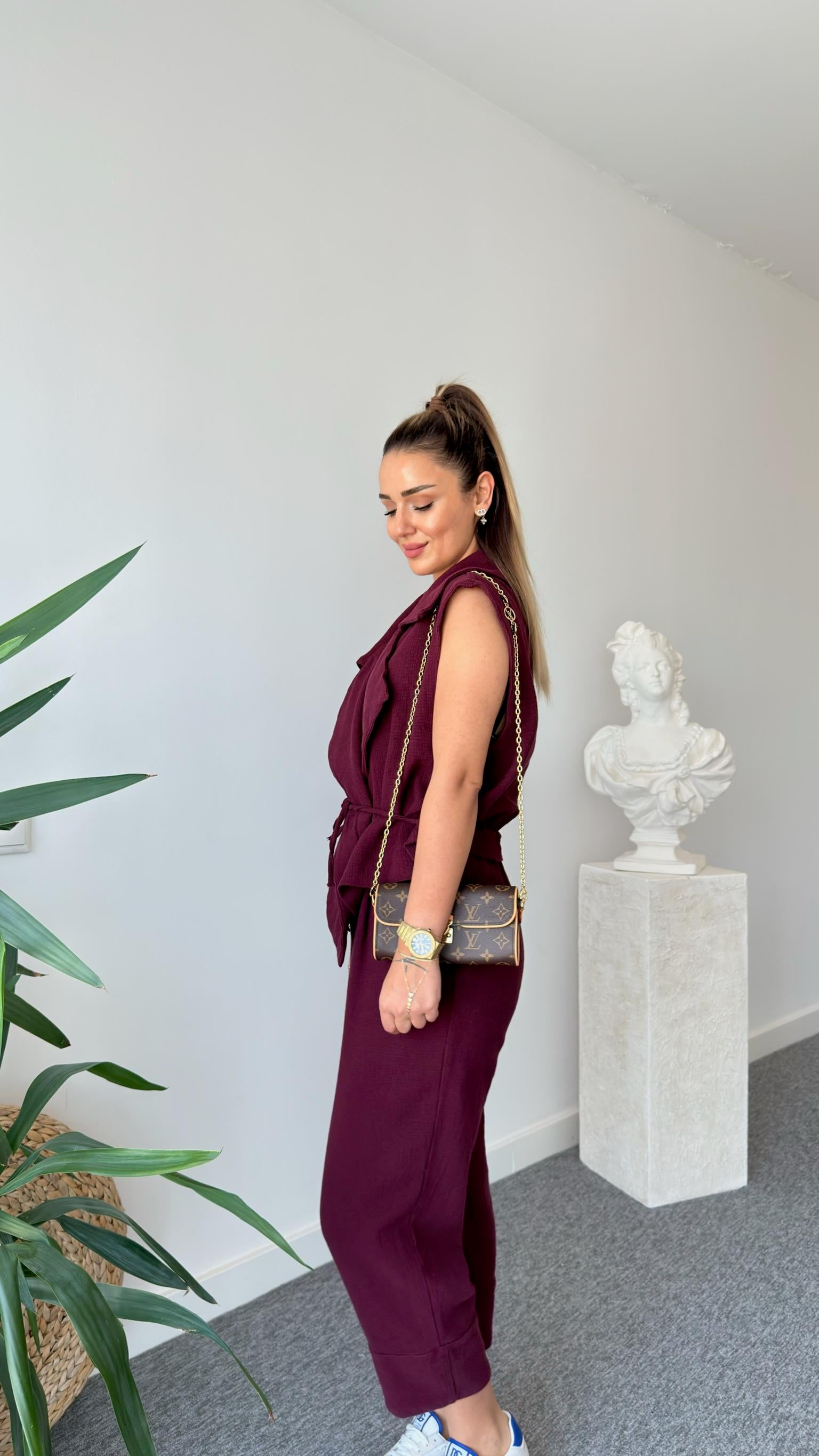 Bordo Weren Yelekli Keten Takım 