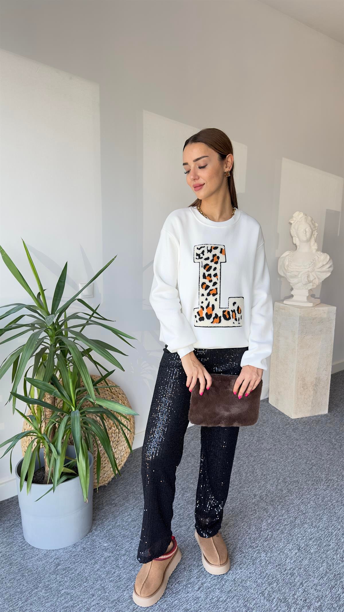 L Baskı Leopar Detay Beyaz Zra Sweat