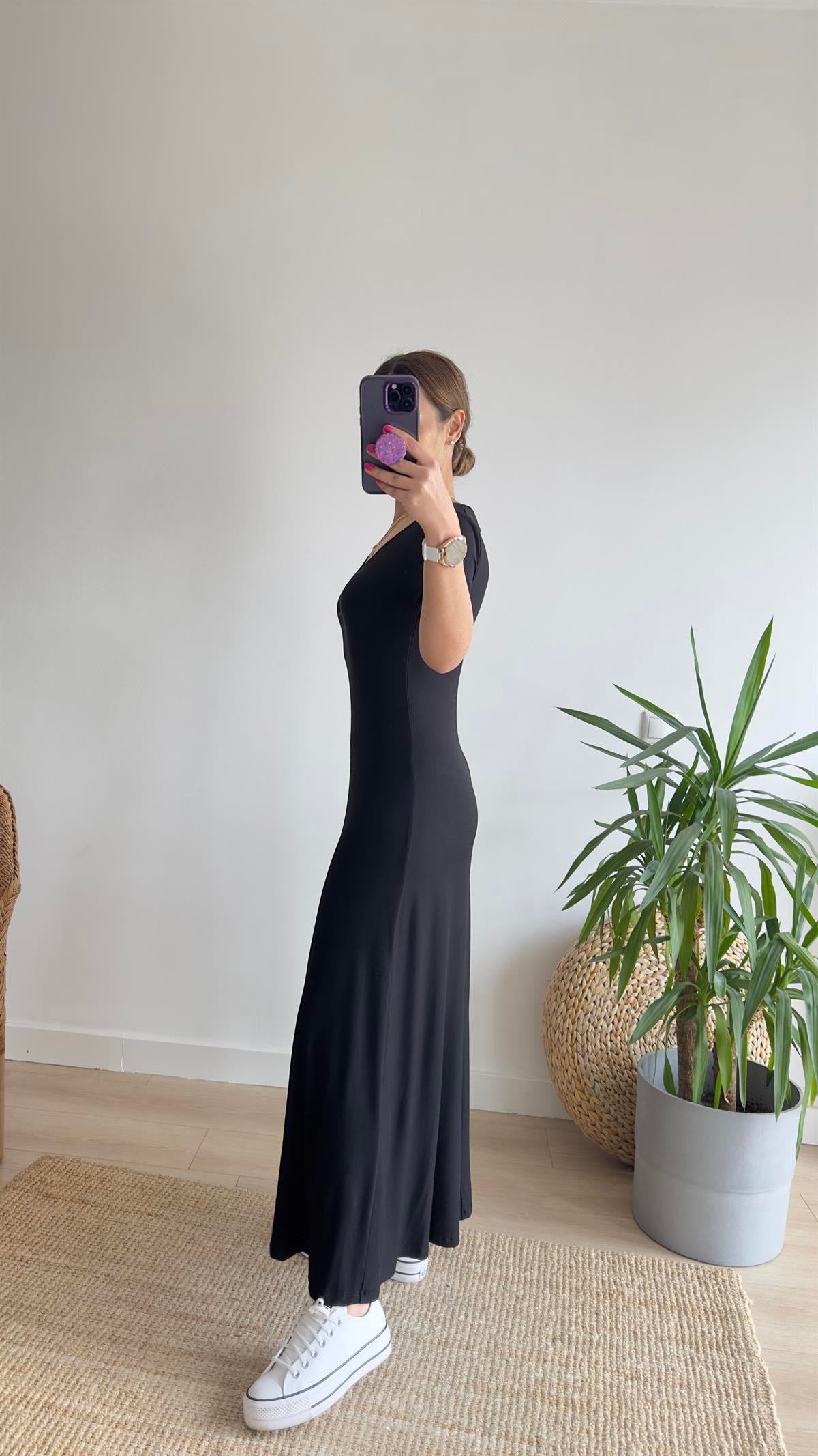 Vilinze Yırtmaçlı Siyah Basic Elbise