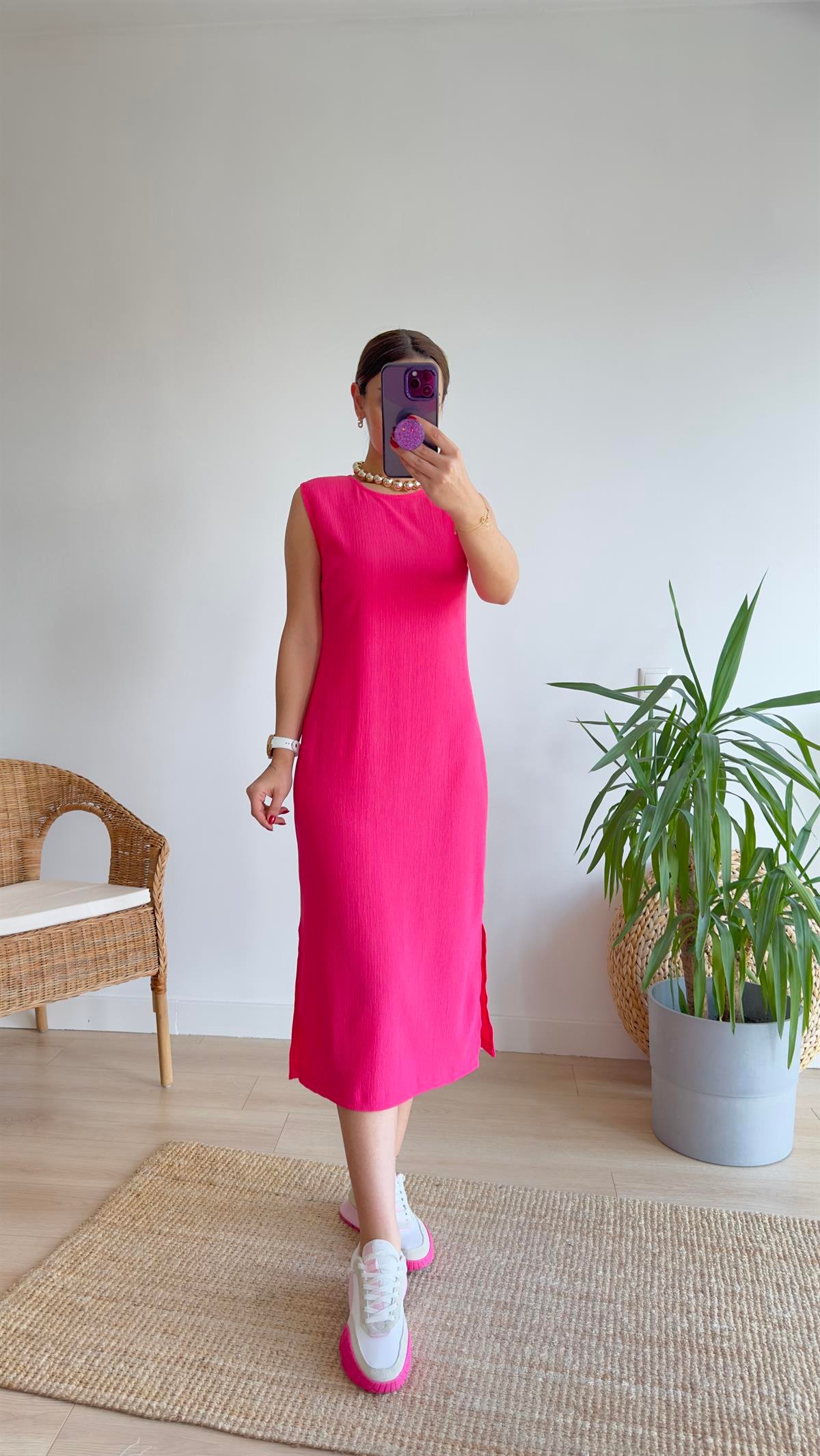 Yırtmaçlı Pembe Basic Elbise