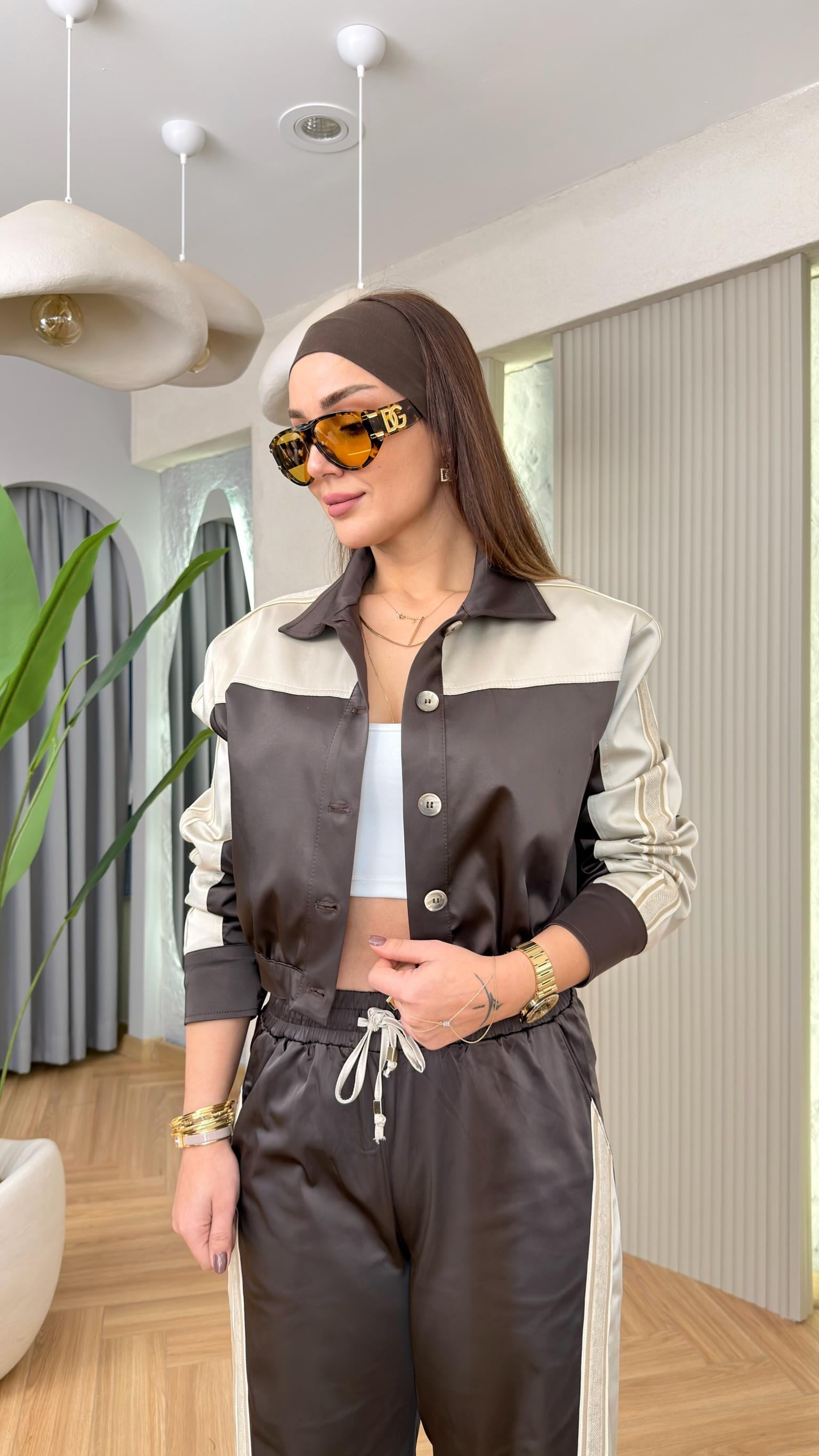 Kahve Sintra Tok Saten Bomber Ceket