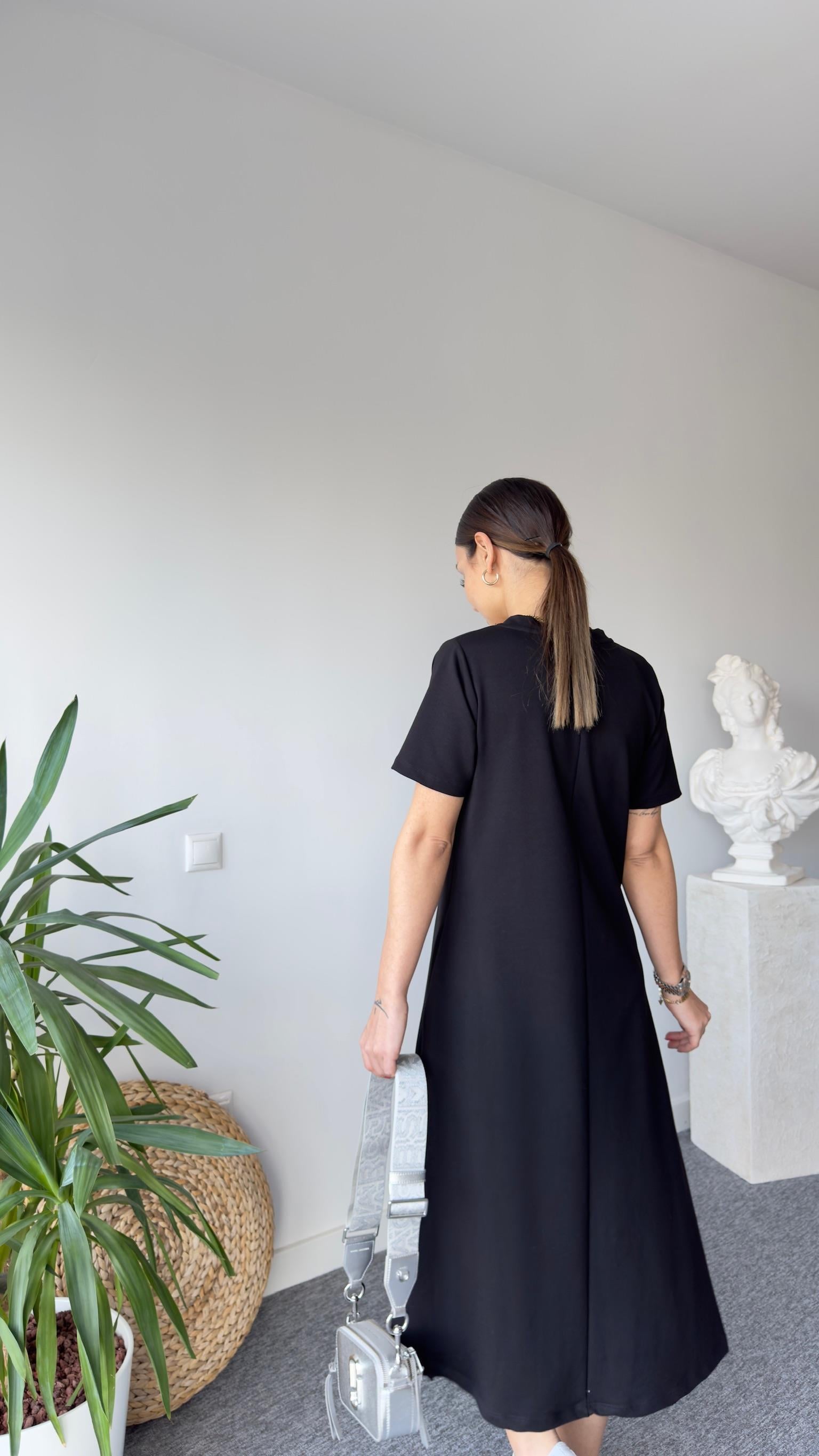 Siyah V Yaka Cepli Basic Elbise 